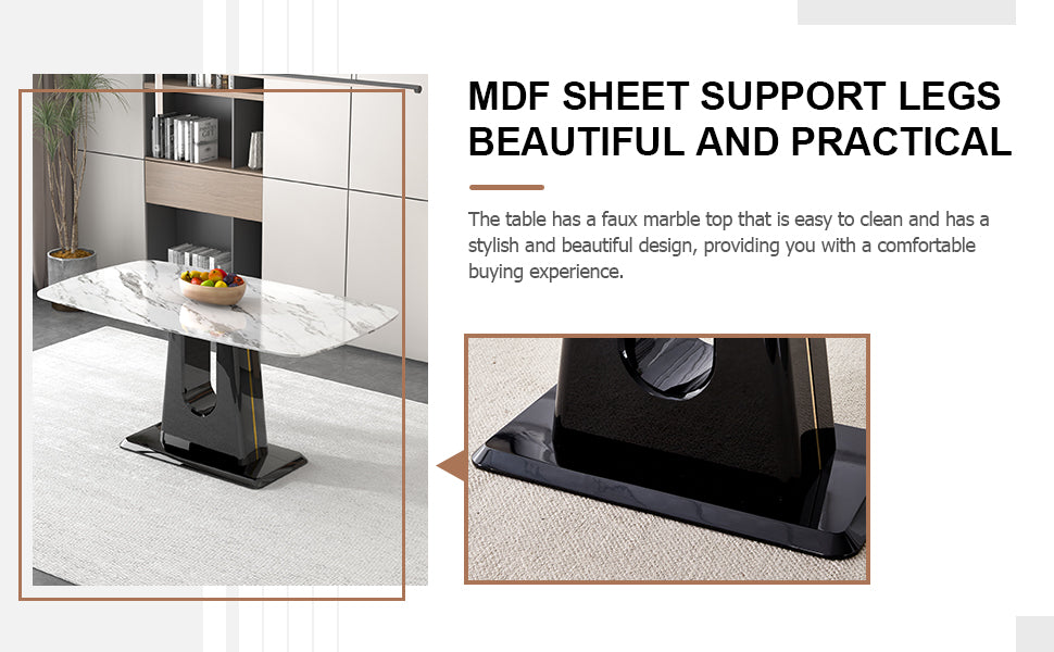 Table And Chair Set, Modern And Minimalist Dining Table, Imitation Marble Patterned Tabletop, Mdf Legs With U Shaped Brackets. Paired With Comfortable Chairs, Suitable For Dining And Living Rooms. Black Gold Mdf Glass