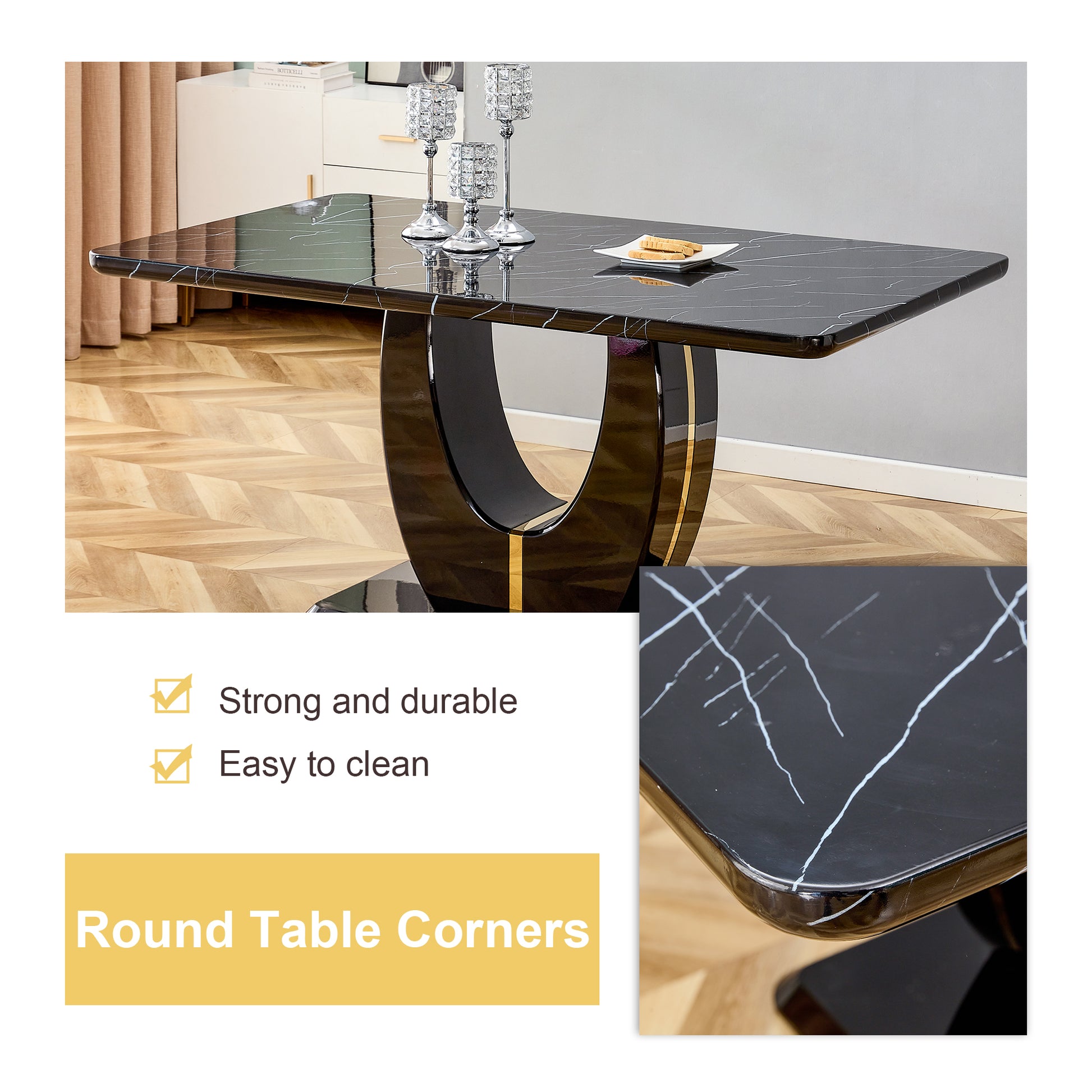 Table And Chair Set.63"W X 37"D X 30"H Black Marble Mdf Diningtable Set With 4 White Pu Chairs With Gold Metal Legs.Bring A Comfortable Home Experience To The Kitchen, Bedroom, And Office. White