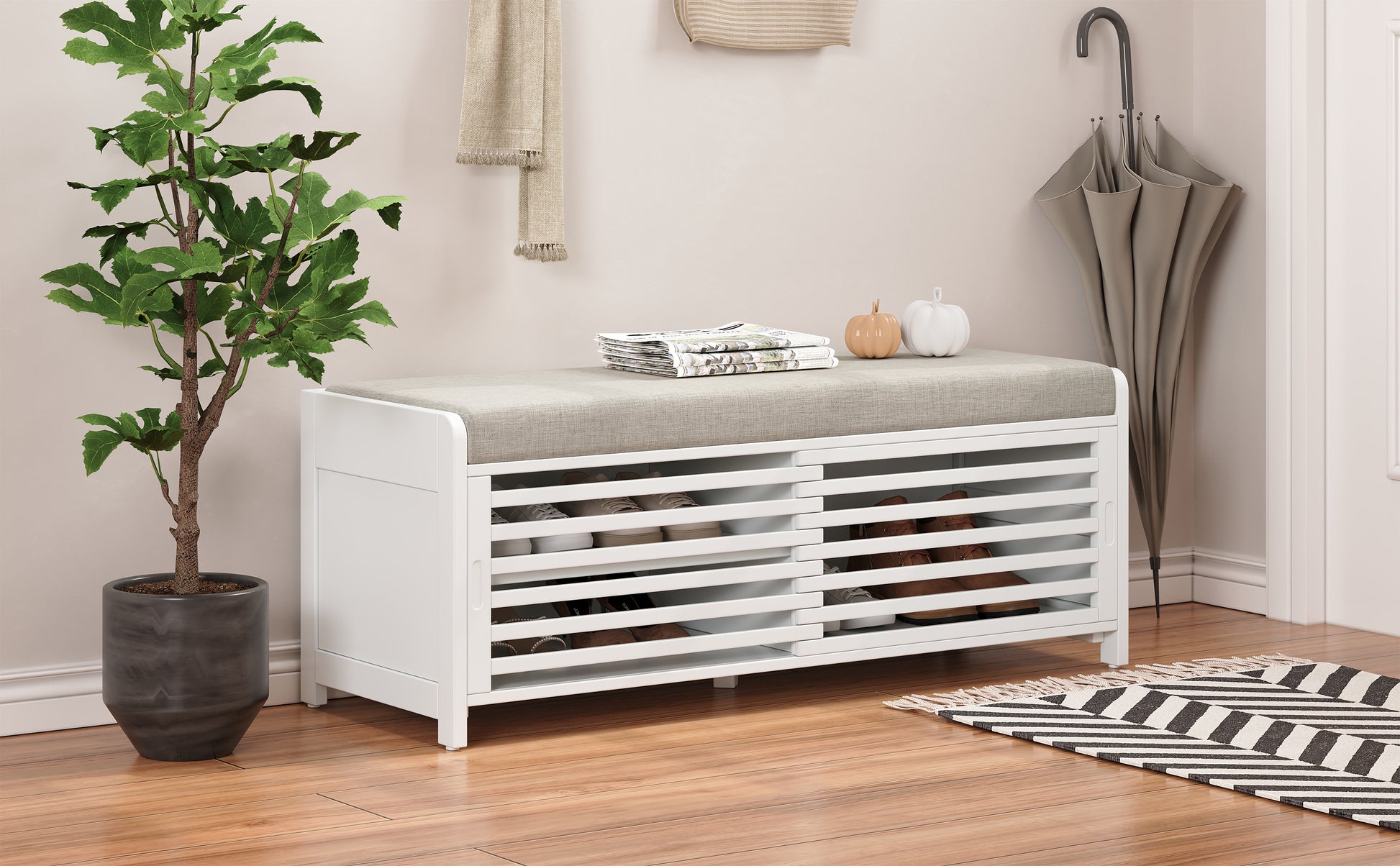 Distressed Shutter Storage Bench With Acacia Veneer For Retro Charm For Living Room, Entryway White White Mdf