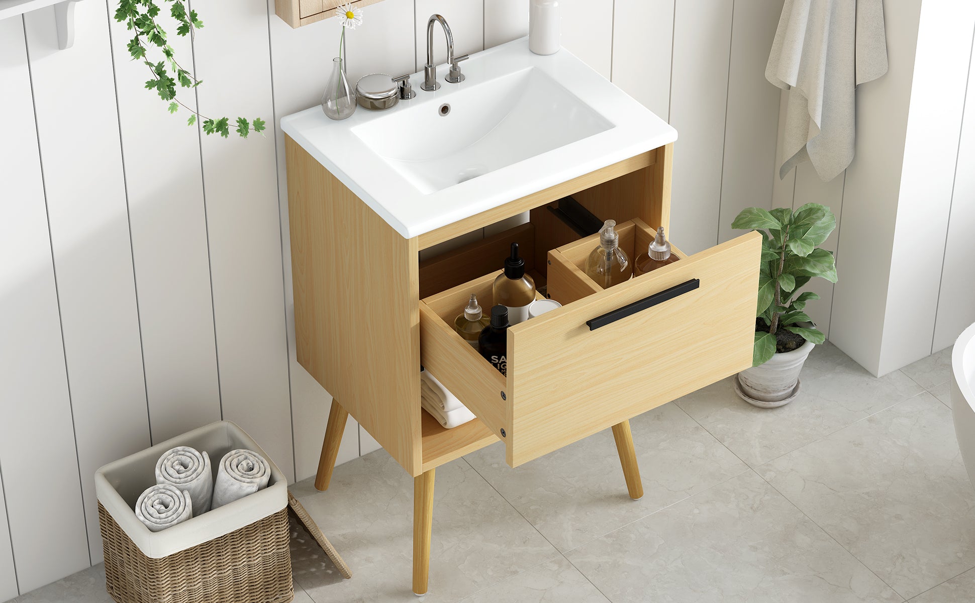 24" Bathroom Vanity With Sink Combo, Multi Functional Bathroom Cabinet With Drawer, Mdf Board, Natural Natural Solid Wood Mdf