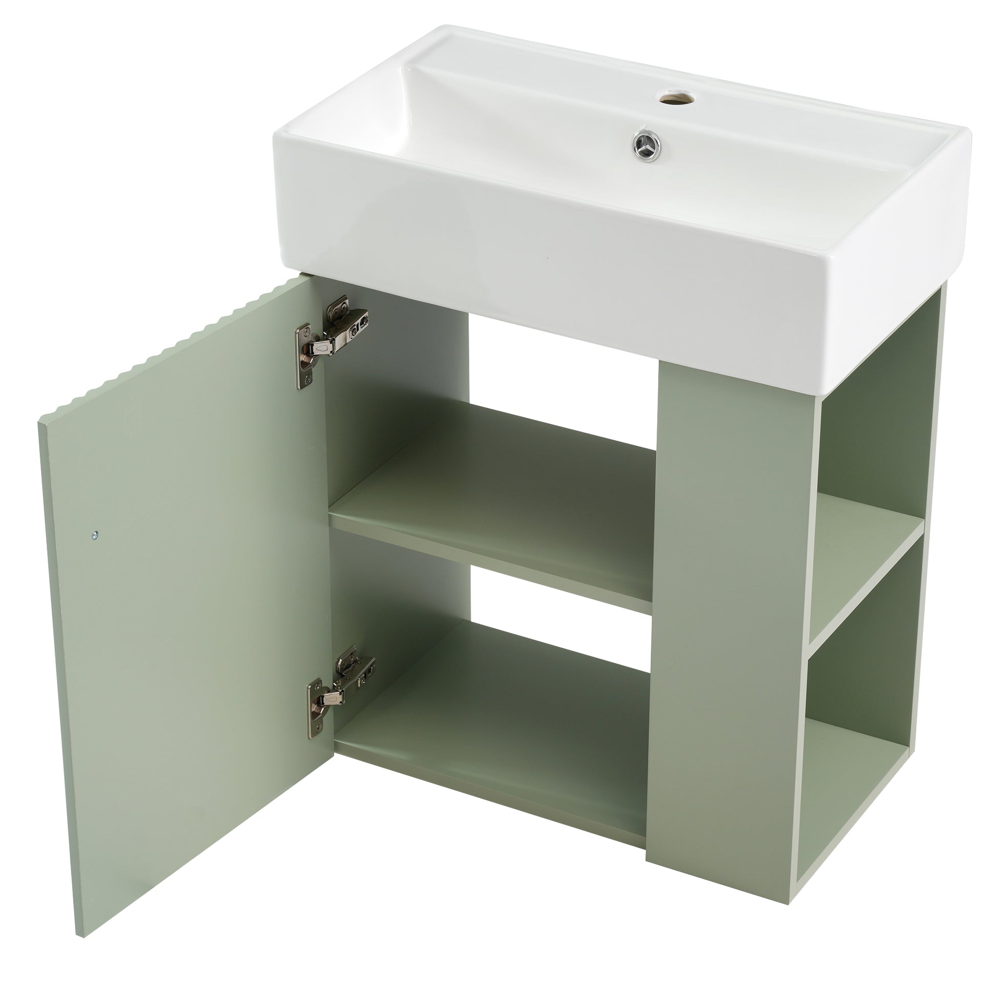 Video 21.6 Inch Modern Floating Bathroom Vanity With Ceramic Basin Perfect For Small Bathrooms, Right Side Storage Green Bathroom Ceramic Mdf