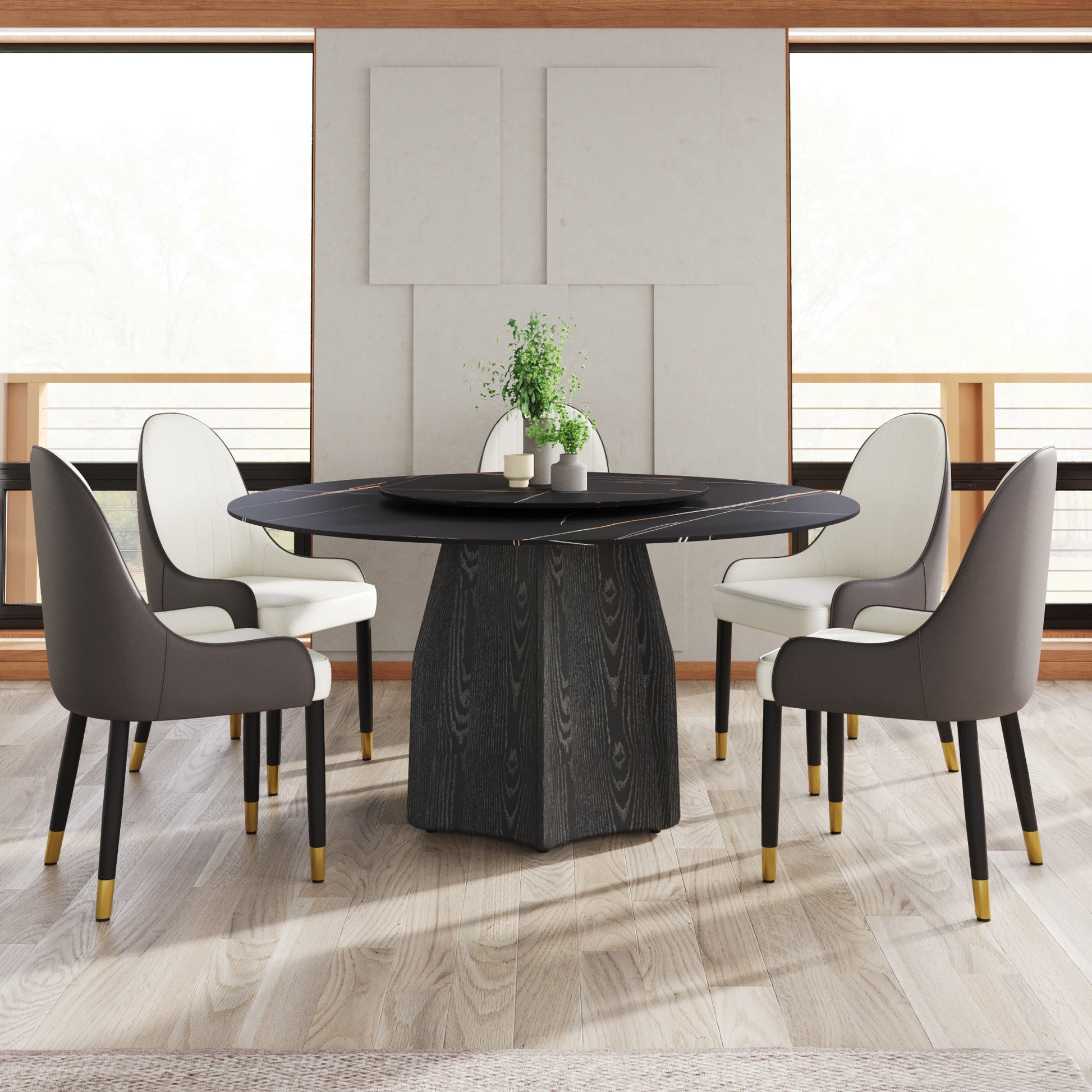 59.05" Round Marble Dining Table With Black Textured Solid Wood Base, Artificial Marble For 6 8 People, 31.5"Black Artificial Stone Turntable,Black Dining Table Only Black Modern Wood Sintered Stone