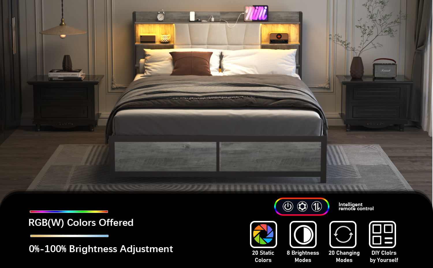 Queen Size Bed Frame With Led Light & Power Outlet, Platform Bed With Upholstered Headboard And Storage, Sturdy Metal Slats Support, No Box Spring Needed, Easy Assembly, Noise Free Box Spring Not Required Queen Ancient Oak Metal Bedroom Modern Bed Frame