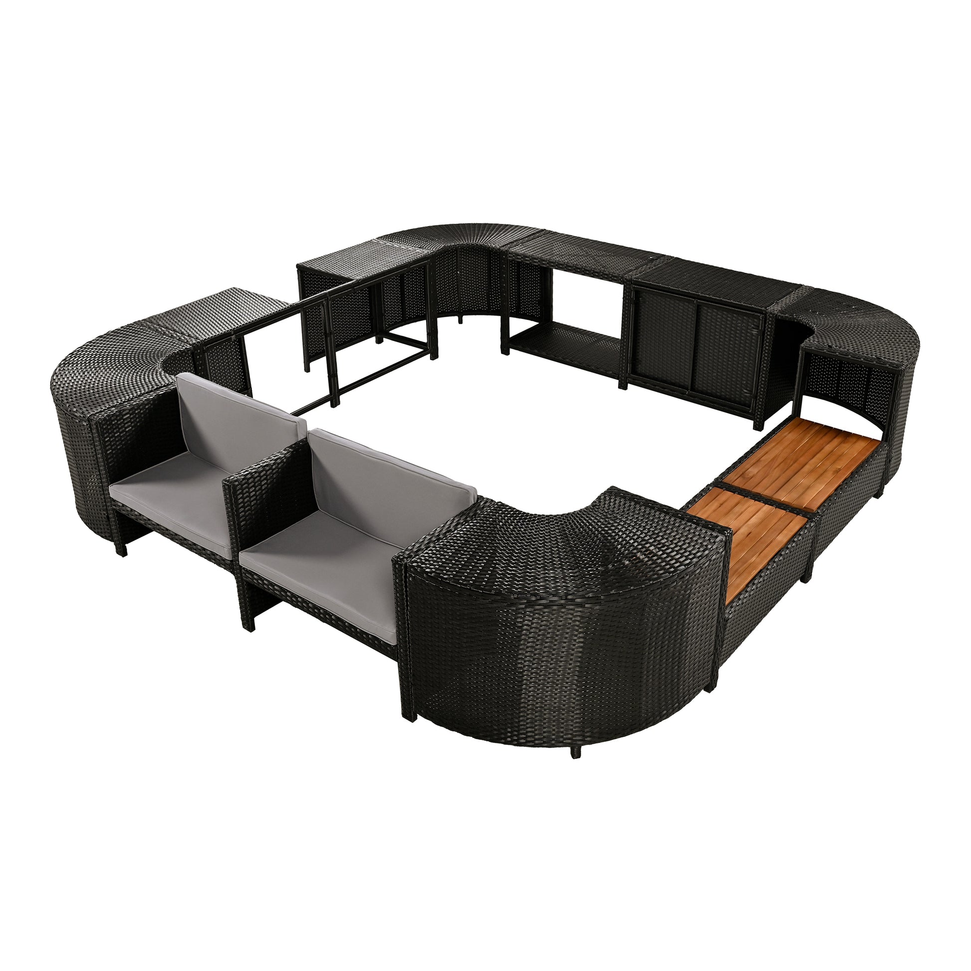 Spa Surround Spa Frame Quadrilateral Outdoor Rattan Sectional Sofa Set With Mini Sofa, Wooden Seats And Storage Spaces, Grey Yes Grey Water Resistant Frame Water Resistant Cushion Garden & Outdoor Sectional Seating Groups Foam Rattan Waterproof Fabric