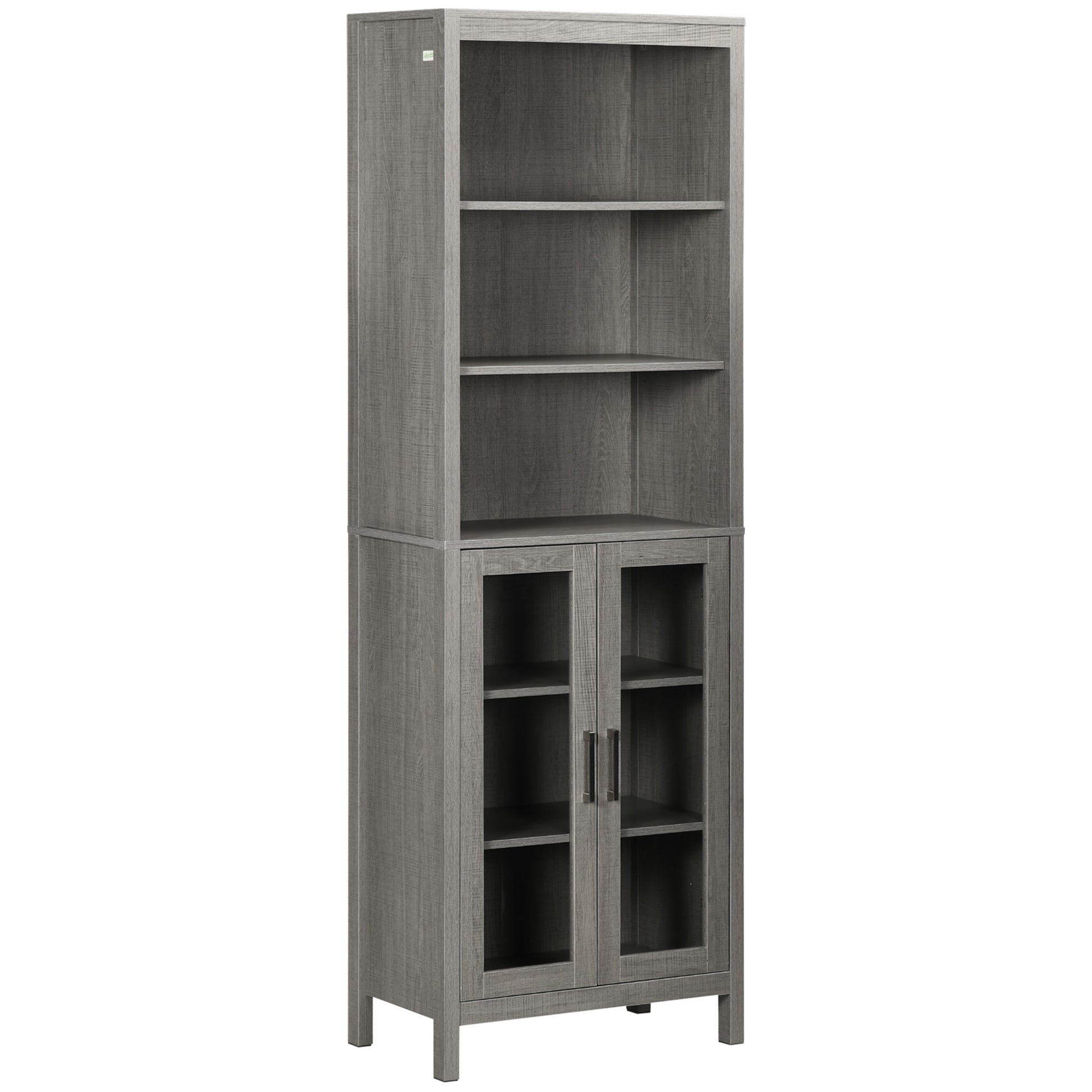 Kleankin Tall Bathroom Storage Cabinet With 3 Tier Shelf, Glass Door Cabinet, Freestanding Linen Tower With Adjustable Shelves, Grey Wood Grain Gray Particle Board