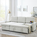 Linen Upholstered Sleeper Sectional Sofa, Shaped Modular Convertible Sofa With Storage Chaise,Side Armrests With Cup Holders,Pull Out Sleep Couch Bed ,Usb Port On The Right,Beige Full Beige Linen