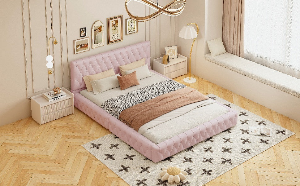 Queen Size Upholstered Bed With Tufted Headboard, Modern Velvet Platform Bedno Box Spring Required, Pink Queen Pink Solid Wood Mdf