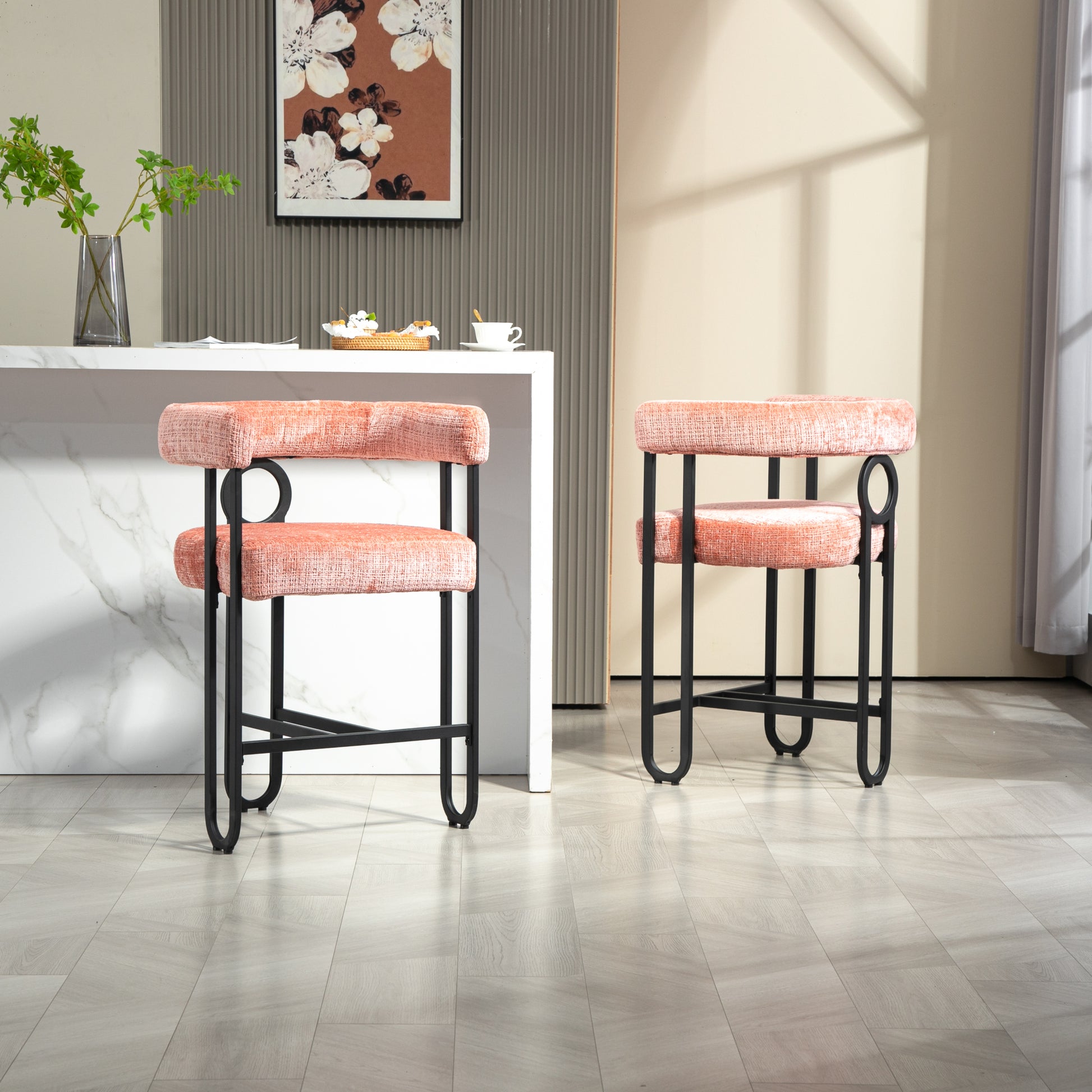 Coolmore Bar Stools Set Of 2, Modern Bar Stool With Back, Black Metal Frames, Upholstered Bar Stools For Kitchen Island, Pub, Club Pink Chenille Pink Dining Room Foam Chenille