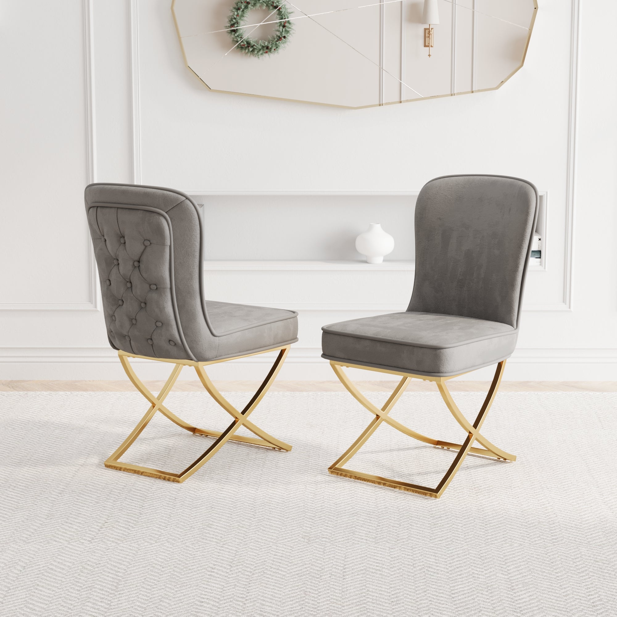 Dining Chair Set Of 2, Grey Velvet Backrest And Golden Metal Legs.For Modern Kitchen Dining Room Chair For Kitchen Living Modern Decorative Leisure Chairs Office Chairs Grey Dining Room Modern Foam Velvet