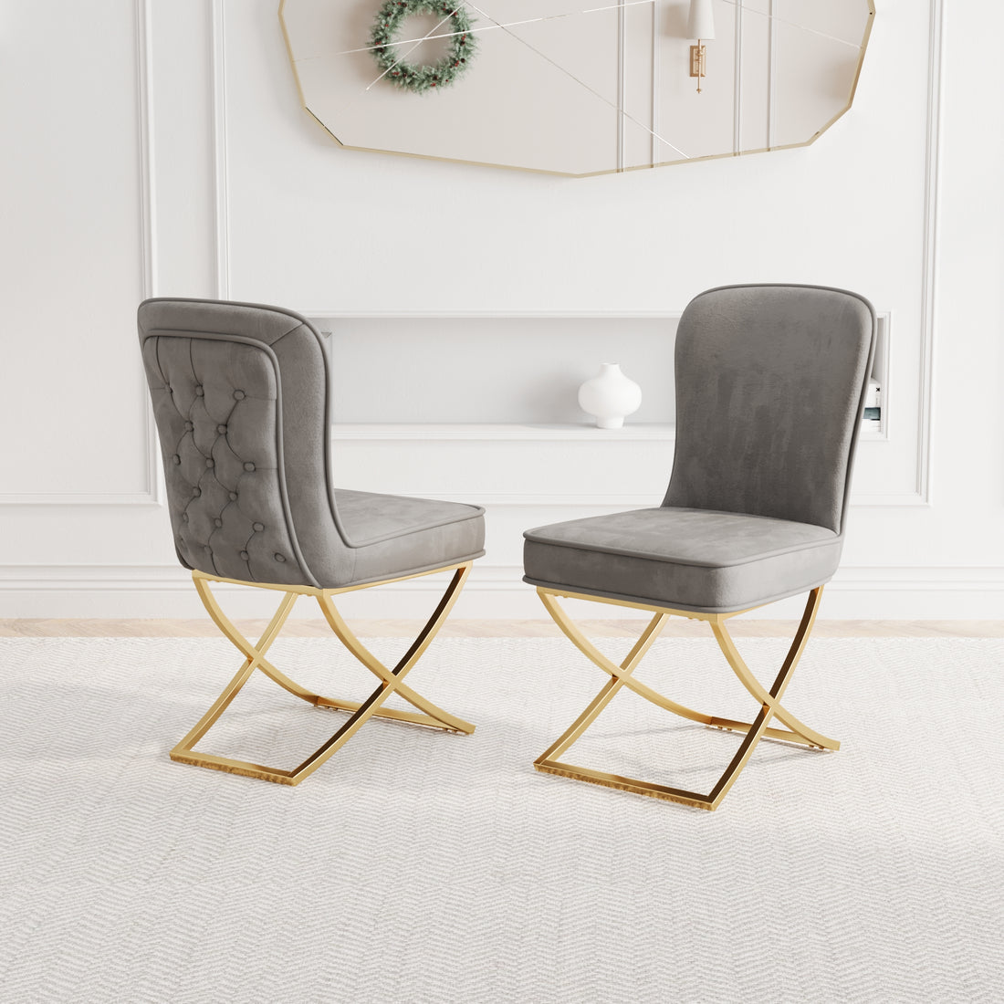 Dining Chair Set Of 2, Grey Velvet Backrest And Golden Metal Legs.For Modern Kitchen Dining Room Chair For Kitchen Living Modern Decorative Leisure Chairs Office Chairs Grey Dining Room Modern Foam Velvet