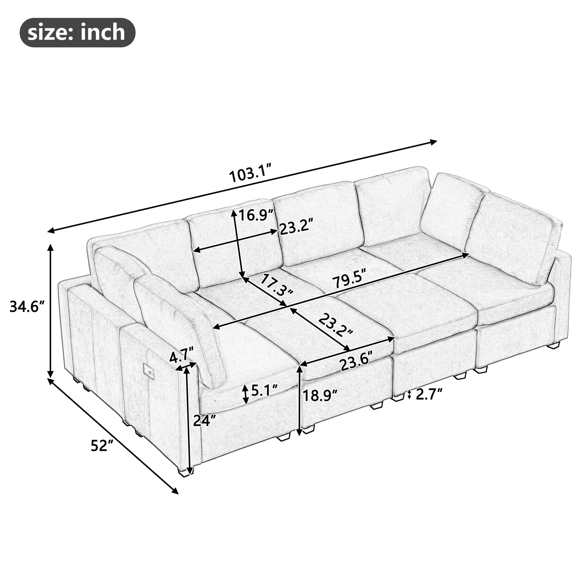 103" Sectional Sofa Couch Sofa Bed U Shaped Sofa With Two Movable Ottoman And Three Usb Ports For Living Room, Beige Beige Foam Chenille 6 Seat