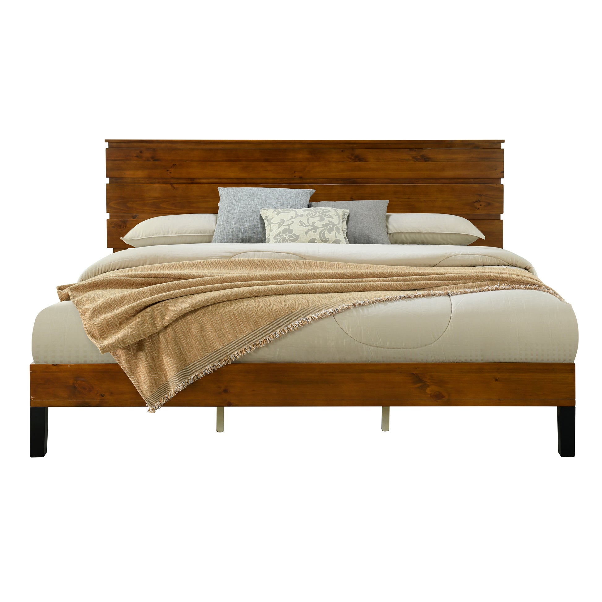 Mid Century Modern Solid Wood Bed Frame King Size Platform Bed With Three Piece Headboard Design, No Box Spring Needed, Brown King Brown Pine