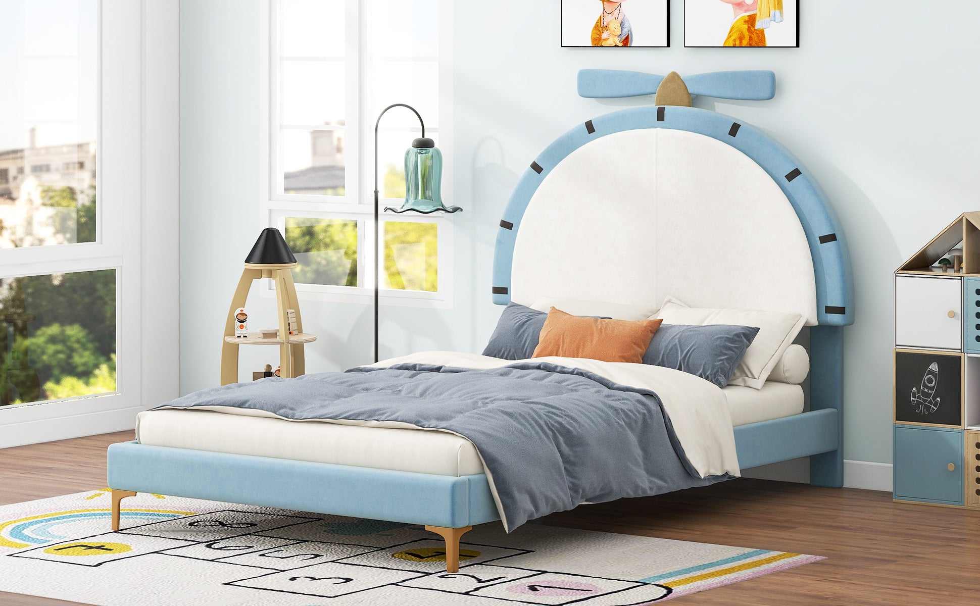 Twin Size Upholstered Platform Bed With Alarm Clock Shaped Headboard, Blue Box Spring Not Required Twin Blue Wood Bedroom Bed Frame Velvet Upholstered