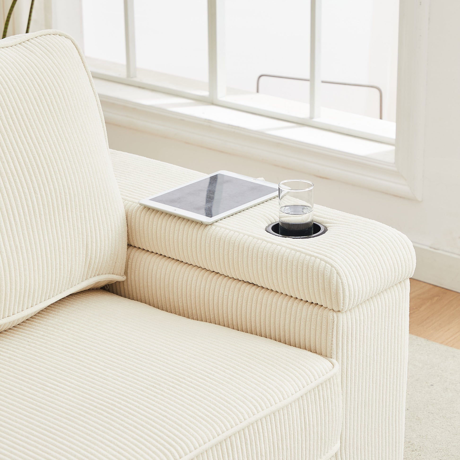 86.5 Inch Sofa Couch Deep Seat Sofa With Two Storage Spaces, T Pyce Charging Portsusb Charging Ports & 2 Cup ,Corduroy 3 Seater Couch, Modern Sofas For Living Room Beige Foam Corduroy 3 Seat