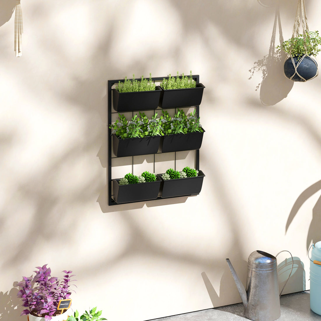 Outsunny 3 Tier Wall Planter With 6 Pots For Indoor And Outdoor Use, Hanging Plant Holder, Self Draining Wall Mounted Planter For Vegetables, Flowers, Herbs, Black Black Steel