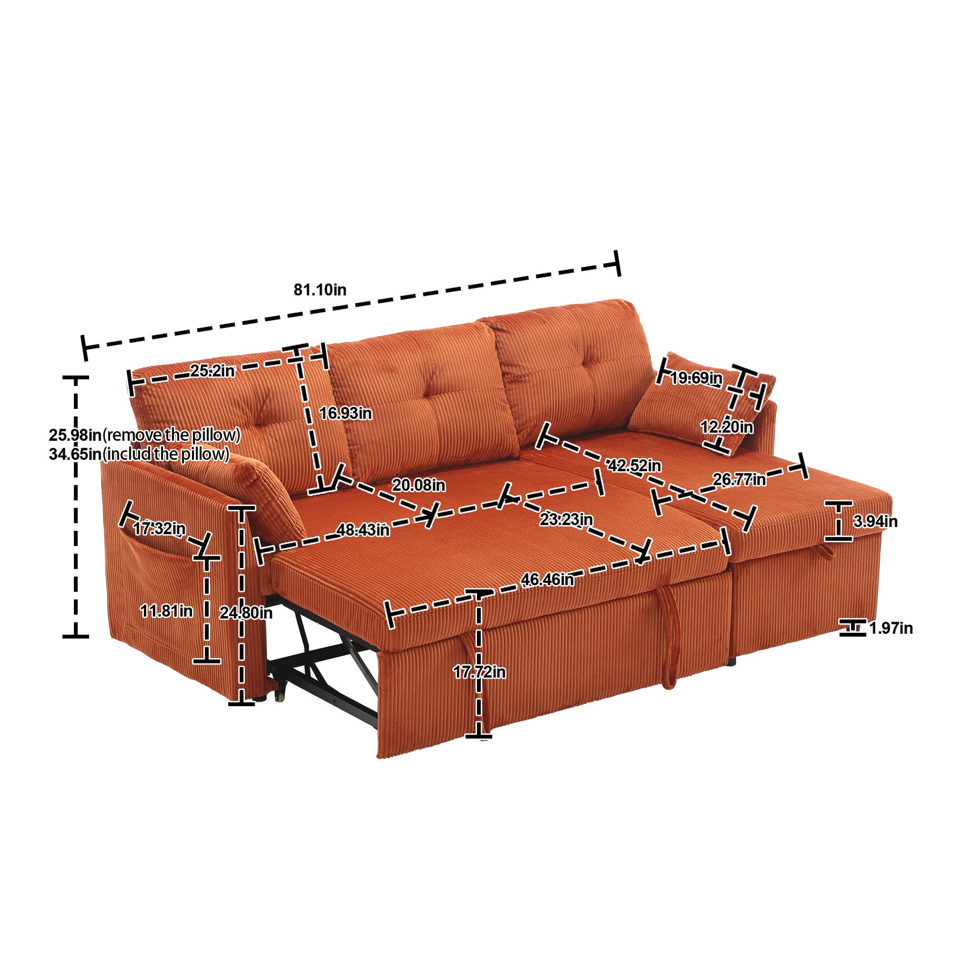 United We Win Furniture, Modular L Shaped Sofa, Modular Long Sofa With Reversible Chaise Lounge, Sofa Bed, Sleeper Sofa, Modular Sofa Combination With Storage Seats. Orange Velvet 3 Seat