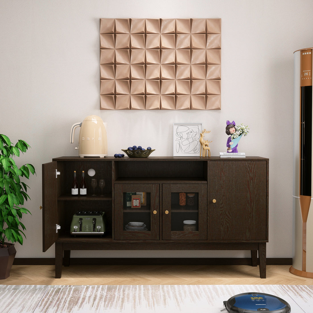 Sideboard Buffet Console Table, Media Cabinet With Adjustable Shelves Espresso Brown Dining Room Antique Adjustabel Shelves Mdf Glass