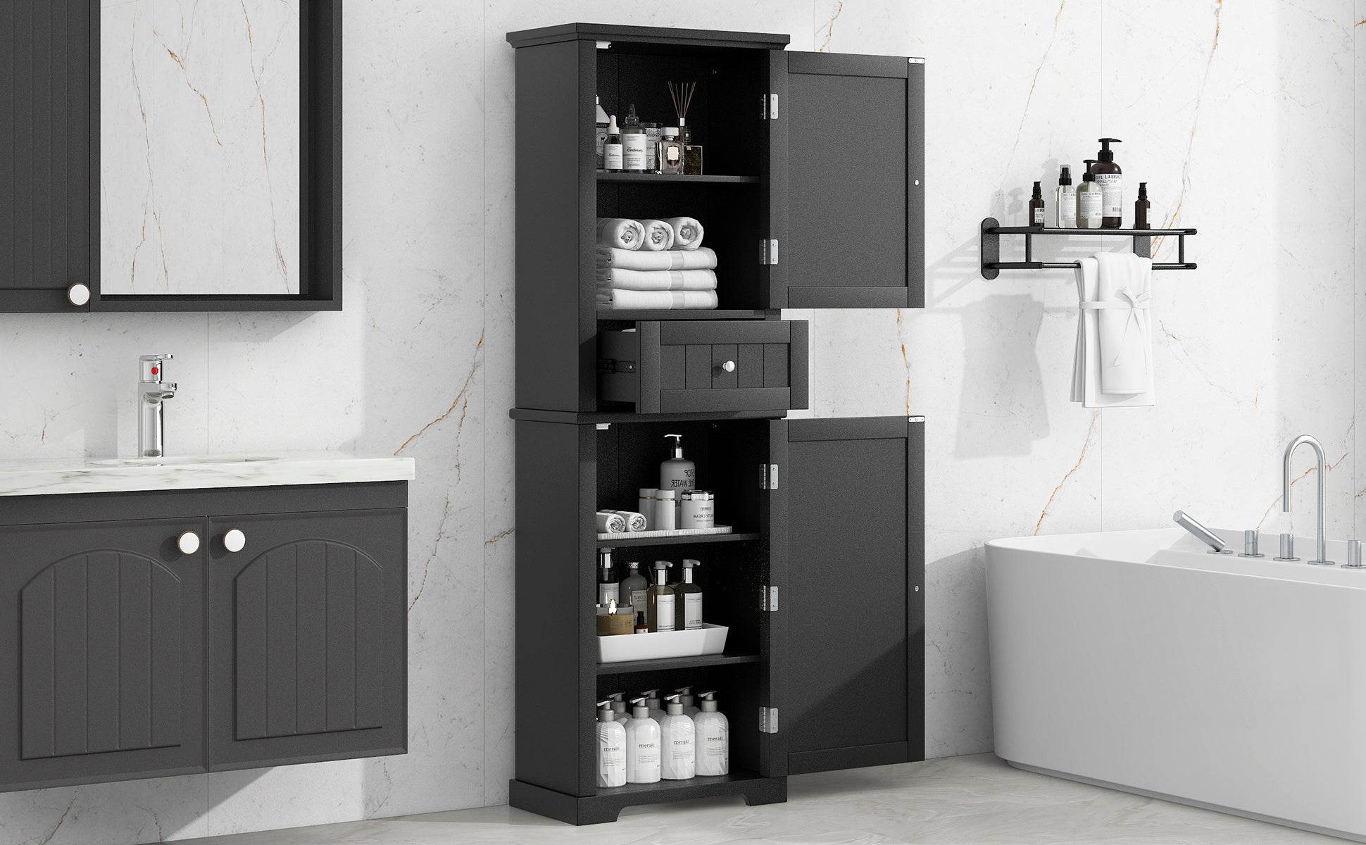 Tall Bathroom Storage Cabinet, Freestanding Storage Cabinet With Drawer And Adjustable Shelf, Mdf Board With Painted Finish, Black Black Mdf