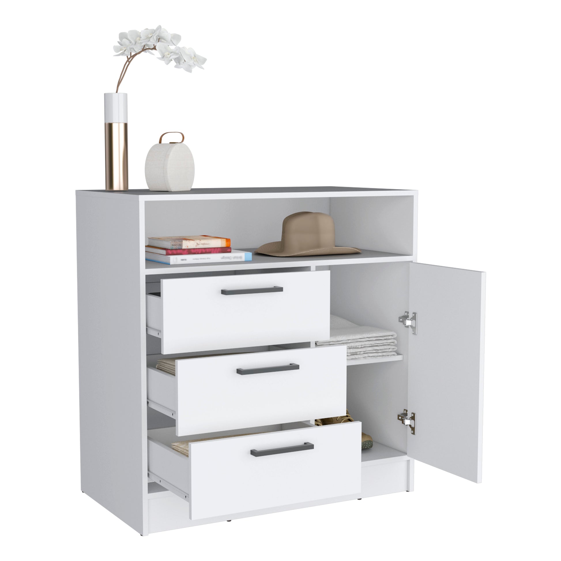 Omaha Dresser Multi Storage Compact Unit With Spacious 3 Drawers And Cabinet White Bedroom Modern Particle Board