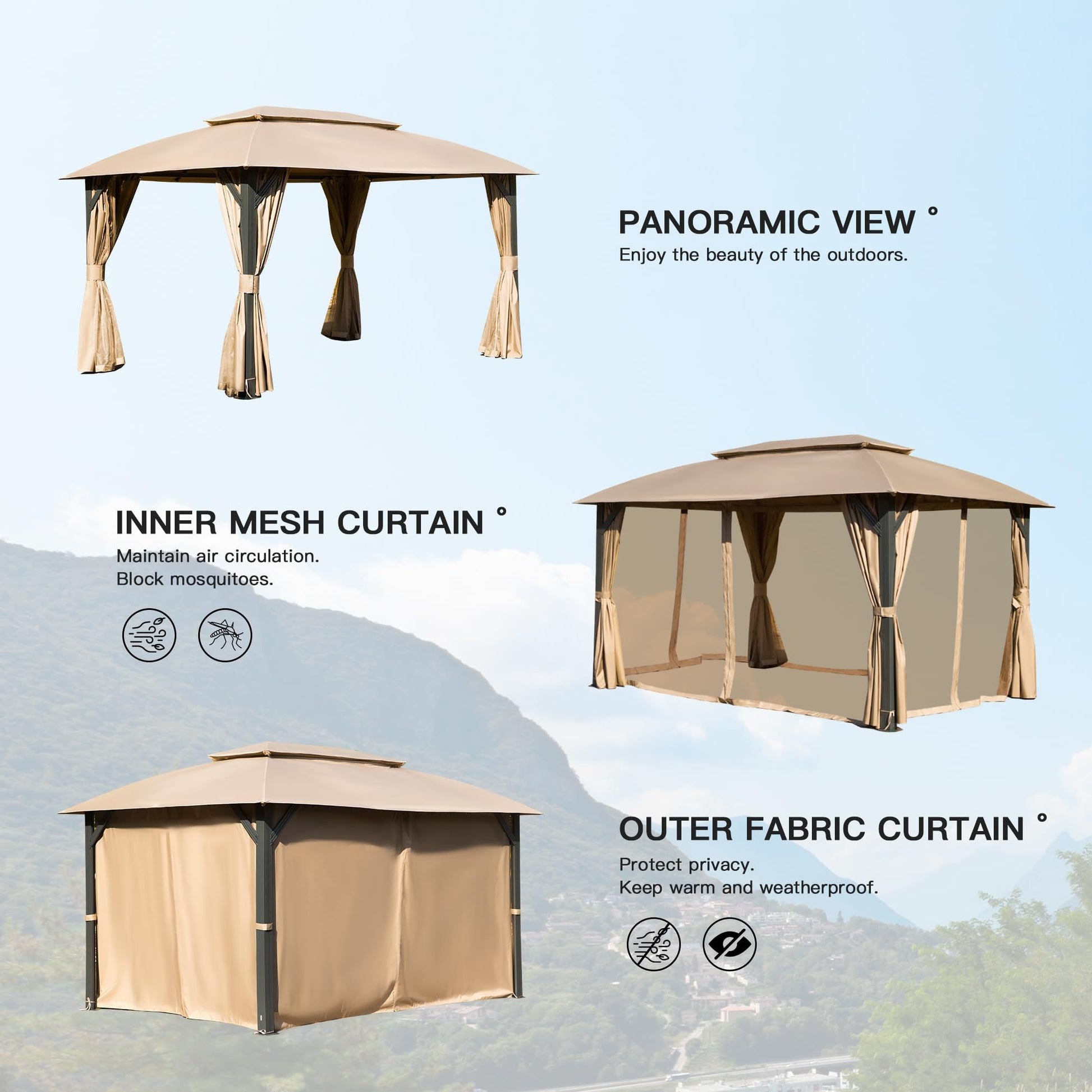 Gazebo 10X14Ft, Outdoor Gazebo With Double Roofs, Privacy Curtains, Mosquito Nettings, Heavy Duty Metal Frame Party Tent Canopy For Patio, Backyard, Deck, Lawn, Brown Brown Garden & Outdoor Uv Resistant Steel