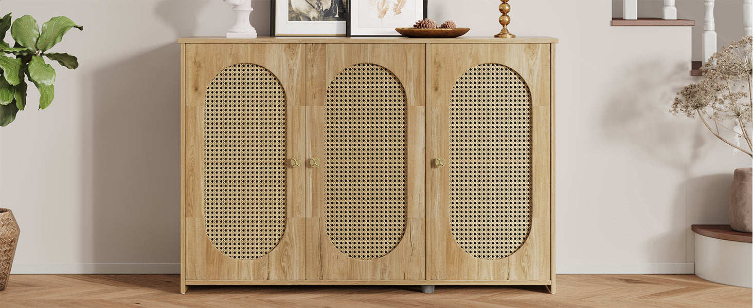 Retro 3 Door Sideboard With Large Storage Space Artificial Rattan Doors And Metal Handles, Accent Cabinet For Living Room And Hallway Natural Wood Natural Wood Particle Board Mdf