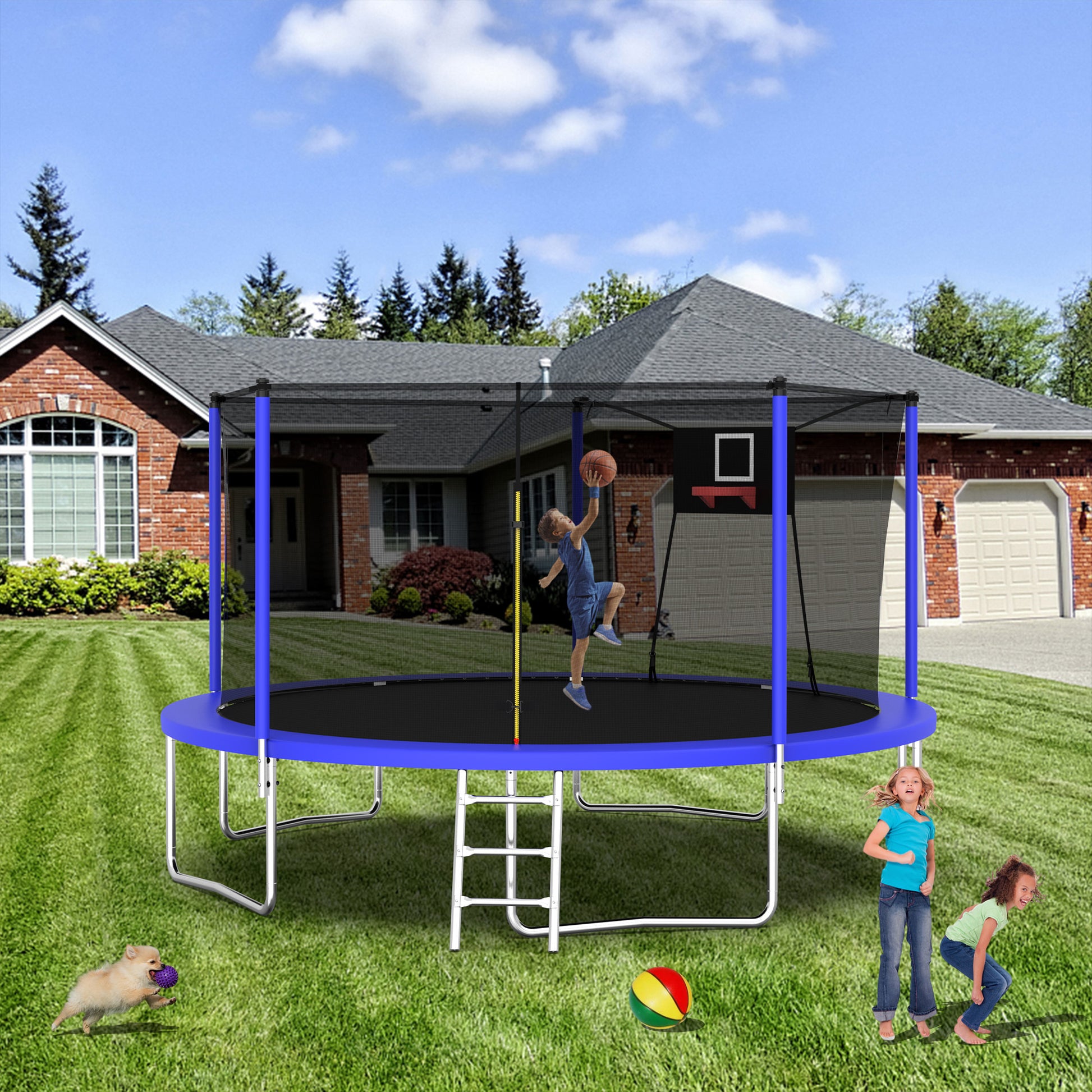 14Ft Trampoline Set With Swing,Sports Fitness Trampolines With Enclosure Net, Recreational Trampolines For Outdoor Indoor Blue Metal