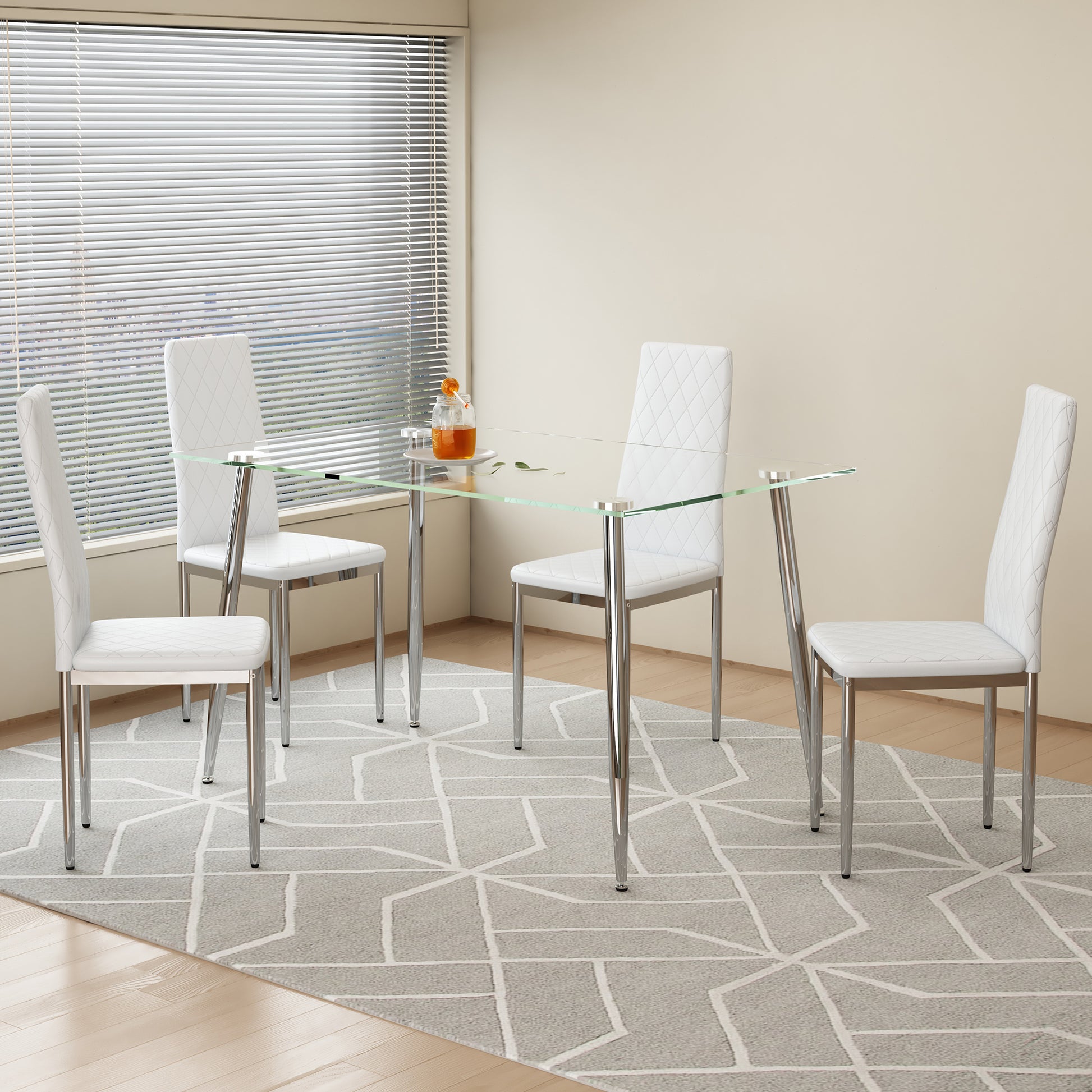 Table And Chair Set.Rectangular Dining Table With Tempered Glass Tabletop And Silver Plating Metal Legs.Paired With 4 Checkered Armless High Back White Chairs With Electroplated Metal Legs. White Seats 4 Glass Metal