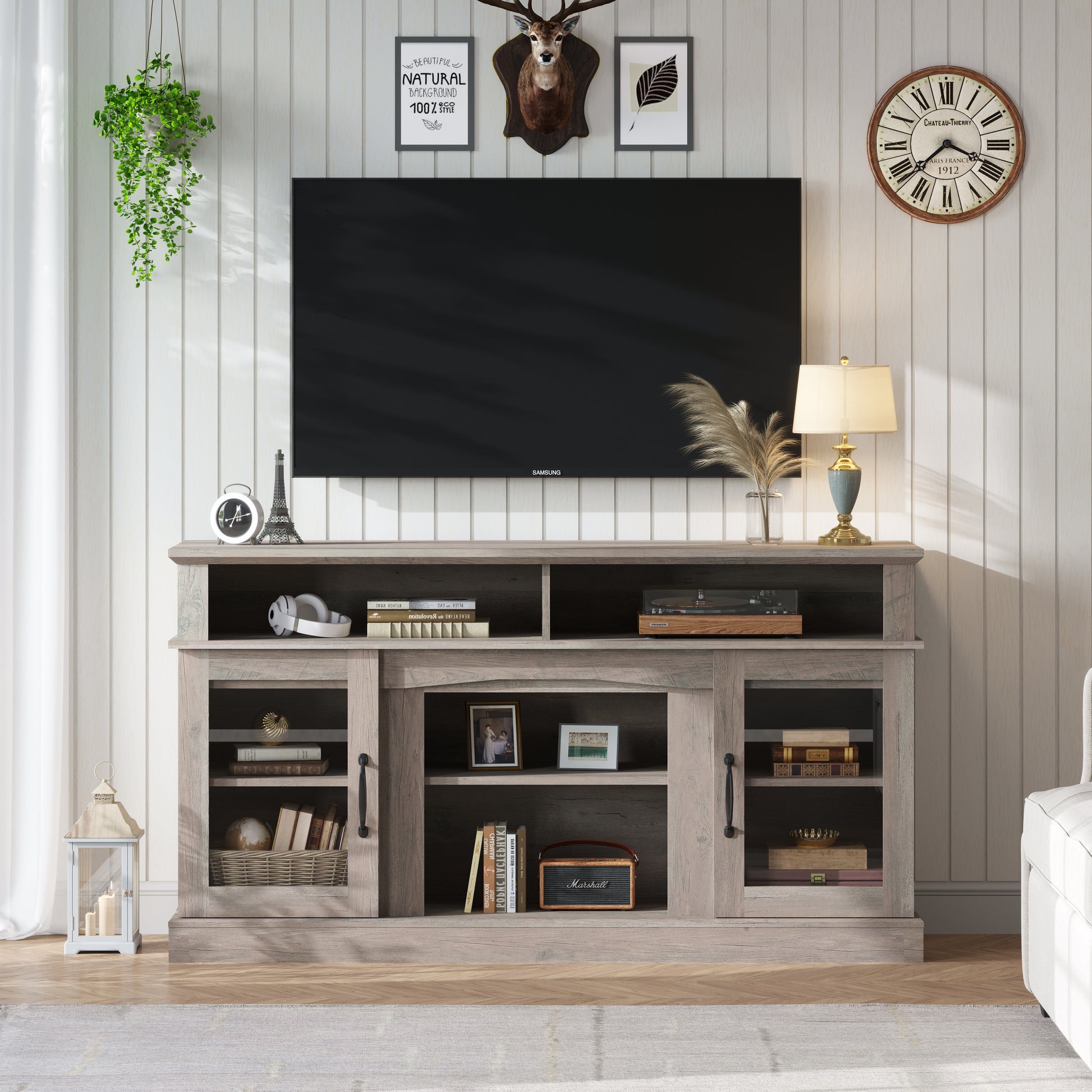 58 Inch Tv Stand With Storage Cabinet And Shelves, Tv Console Table Entertainment Center For Living Room,Bedroom Grey 50 59 Inches Particle Board