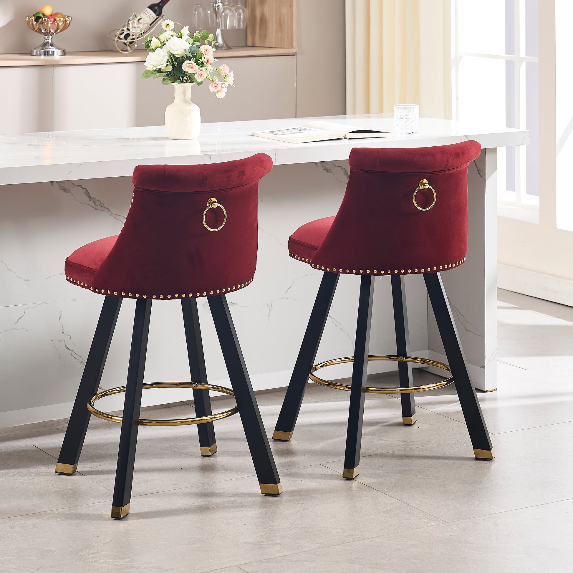 Coolmore Set Of 2,Back Pull Point Design, Velvet Material, 360 Degree Rotation, Back Pull Loop Detachable Design, Rivet Decoration, Square Foot Wooden Bar Chair Red Velvet