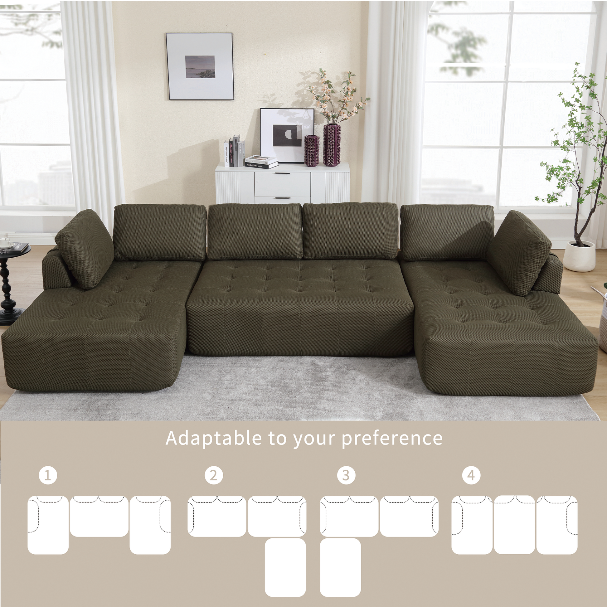 Arrived 138.5 "Modular Combination Sofa, U Shaped Sofa, Living Room, Apartment, Upholstered ,6 Seat Sofa, Free Combination Sofa Mesh Fabric ,Fabric,Green Green Polyester Primary Living Space Soft