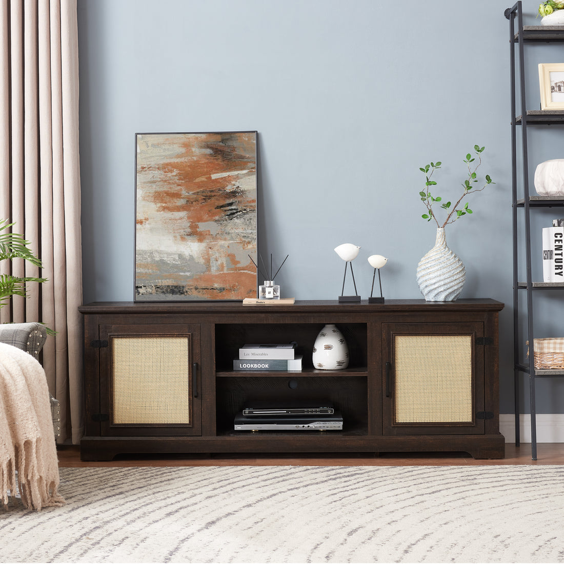 Farmhouse Rattan Tv Stand Console Table For Tvs Up To 70 Inches, Tv Console Table With 2 Storage Shelves, 2 Natural Rattan Door Cabinets, 65"W*15.55"D*23.86"H, Espresso Espresso 60 69 Inches Mdf