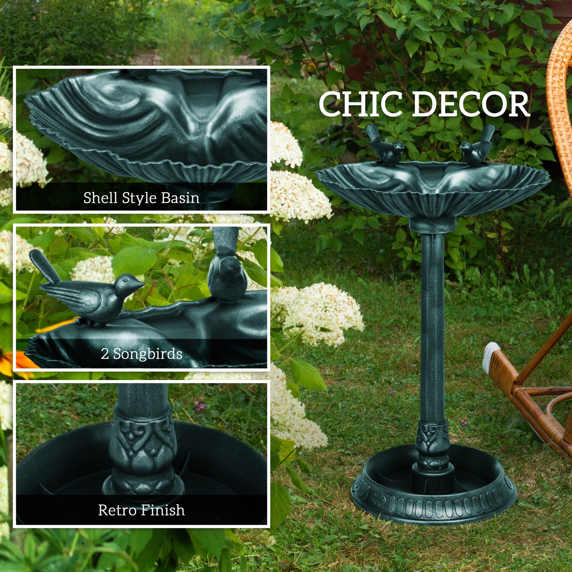 Outsunny 32" Antique Bird Bath With Pedestal Flower Planter Base, Vintage Style Decorative Birdbath, Bird Feeder Bowl & Planter Decoration Yard Statue, Verdigris Green Polypropylene