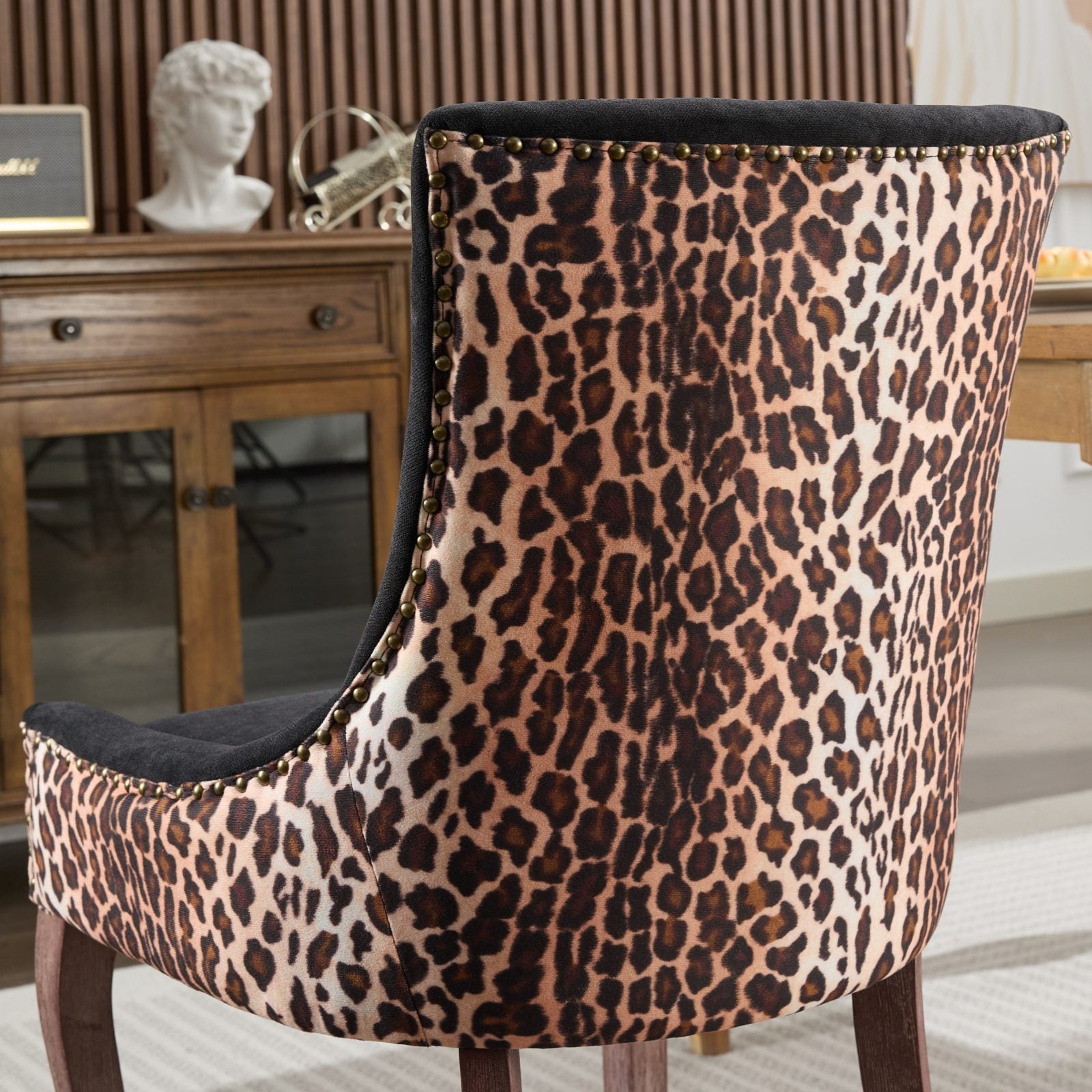 Ultra Side Dining Chair, Thickened Fabric Chairs With Neutrally Toned Solid Wood Legs, Bronze Nail Head, Set Of 2,Leopard Print Leopard Modern Dining Chairs Rubberwood Set Of 2 Foam Fabric