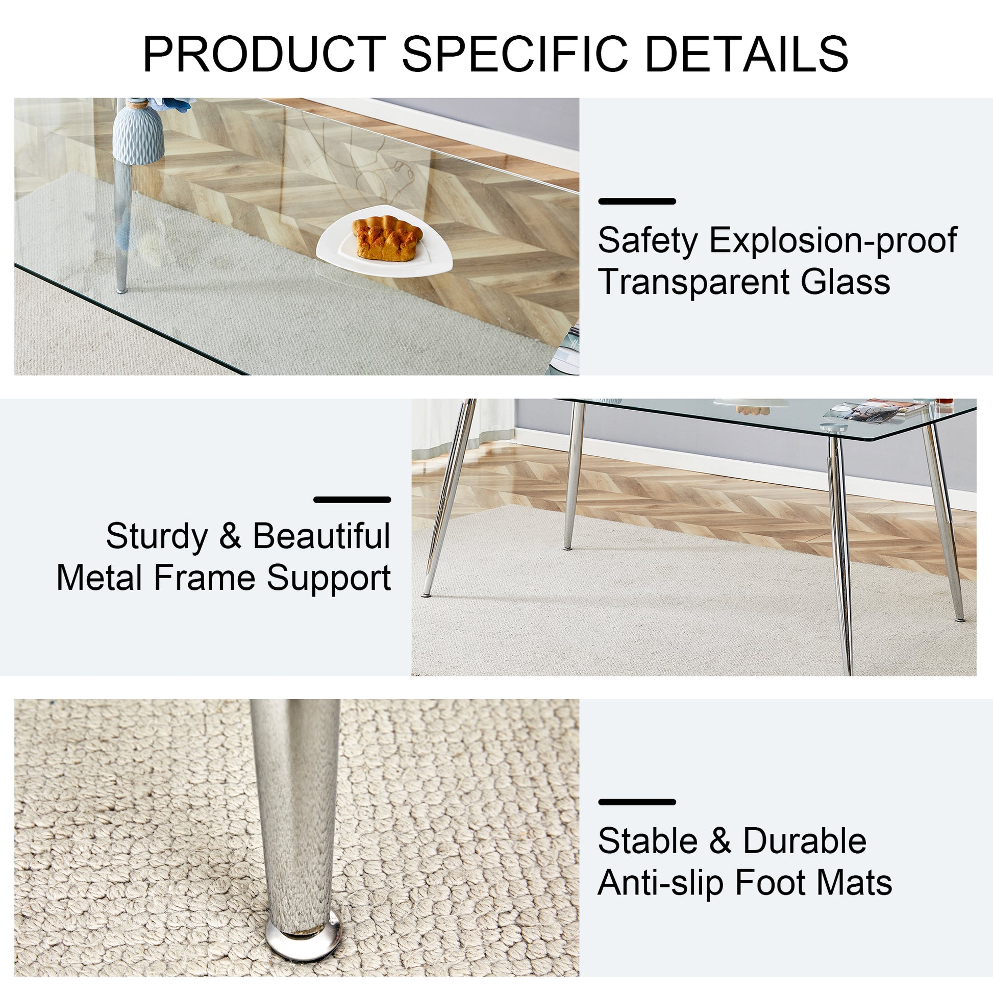 Table And Chair Set.Modern Rectangular Glass Dining Table With Tempered Glass Countertop And Silver Metal Legs, Paired With Multiple Transparent High Quality Pet Dining Chairs With Silver Legs. Silver Seats 6 Tempered Glass