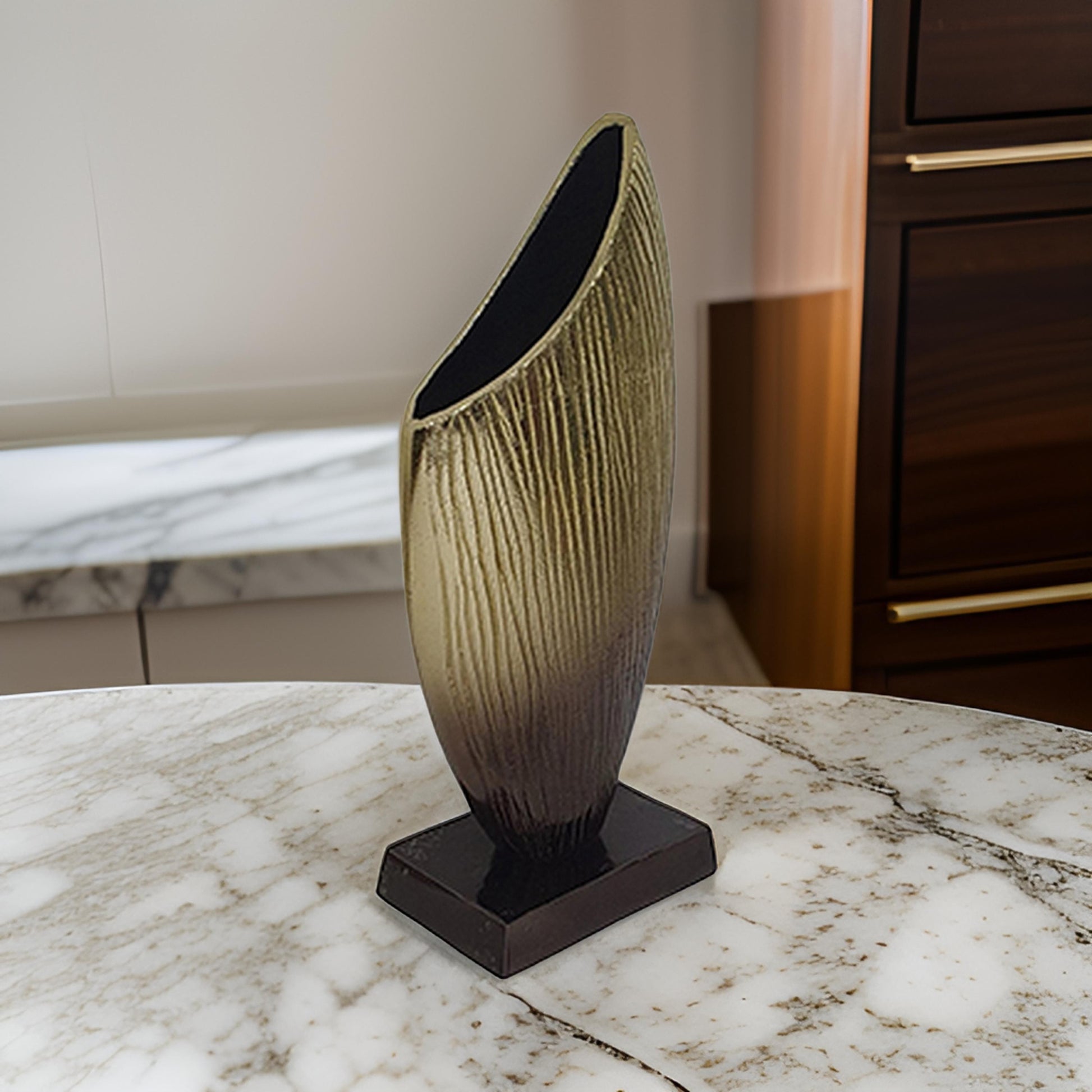 15 Inch Decorative Vase, Aluminum, Vertical Ribbing, Gold And Jet Black Gold Black Aluminium