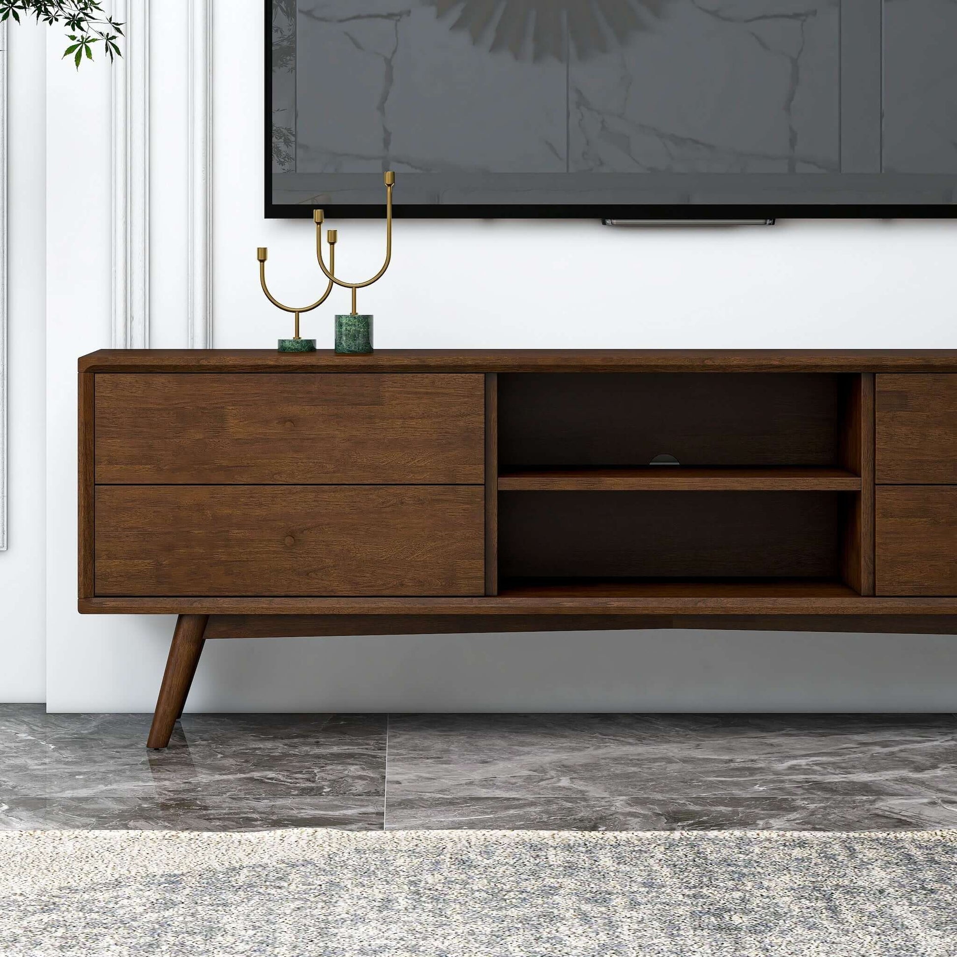 Caroline Mid Century Modern Style Walnut Tv Stand Up To 72" Brown,Dark Brown,Wood Brown 70 79 Inches Primary Living Space 70 79 Inches Mid Century Modern 70 Inches Solid Wood