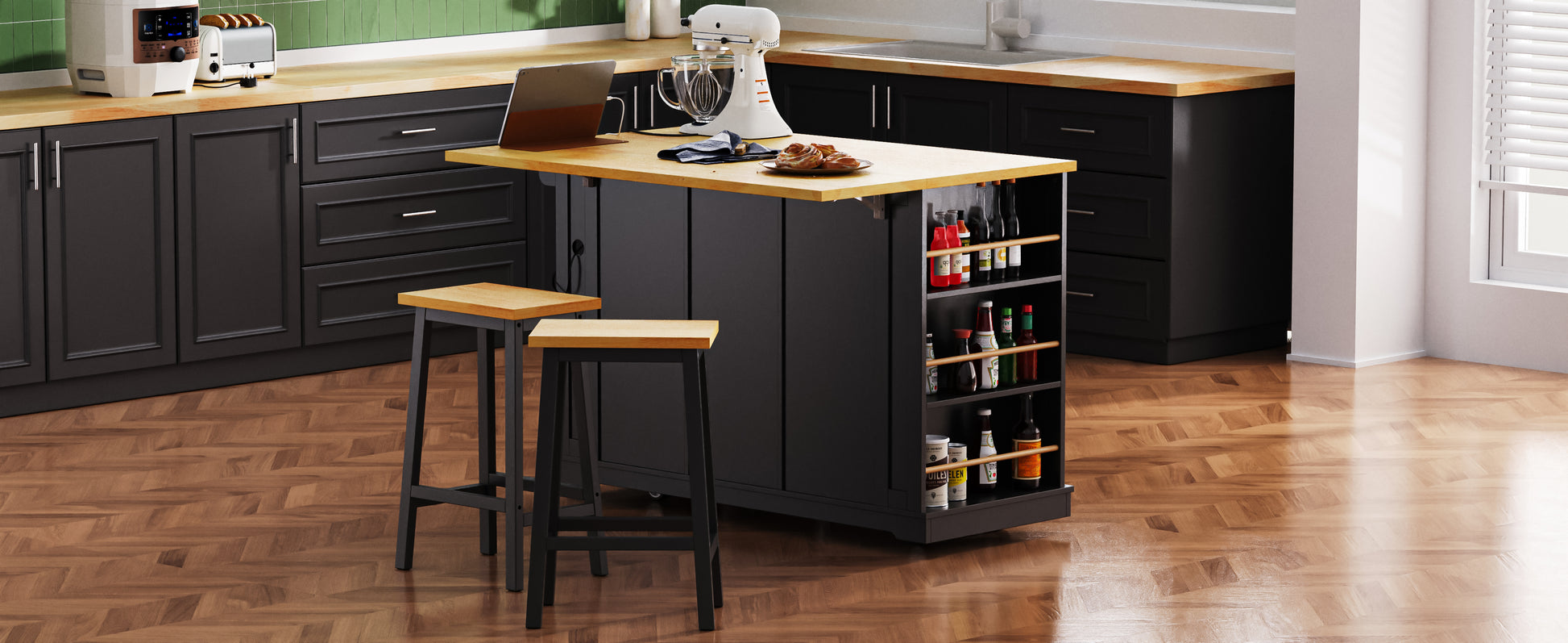 K&K 53Inch Large Kitchen Island With Drop Leaf, Power Outlet, Door Internal Storage Rack, Rolling Kitchen Cart On 5 Wheels With 5 Open Side Racks For Kitchen, Dining Room,Black Not Include Bar