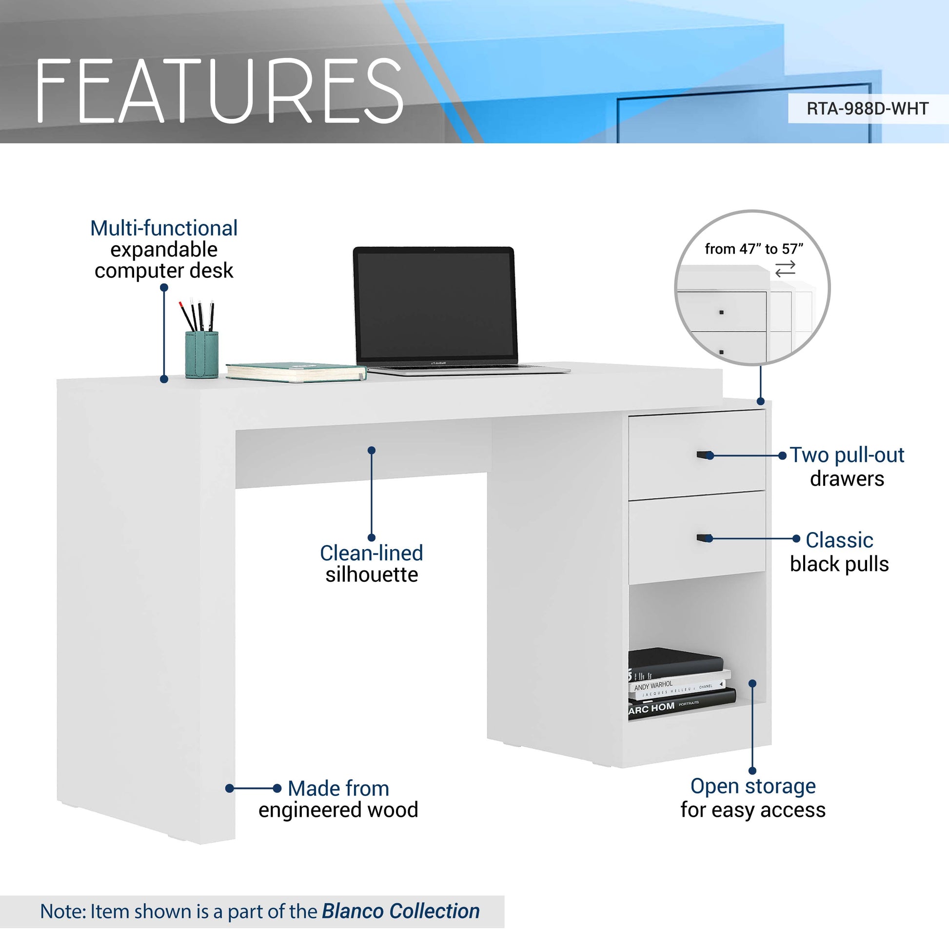 Techni Mobili Expandable Home Office Desk, White White Writting Desk Modern Rectangular Mdf