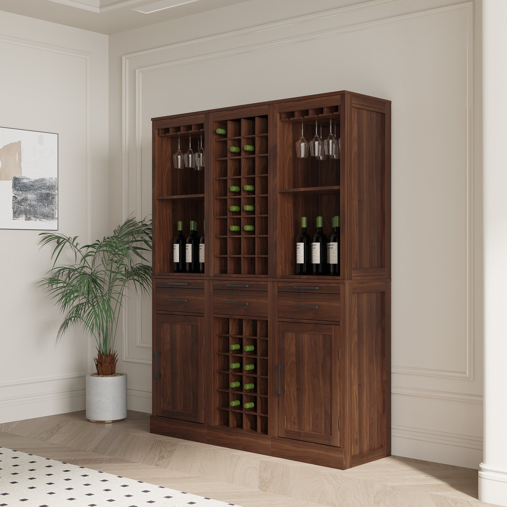 Brown Walnut Color Modular Wine Bar Cabinet Buffet Cabinet With Hutch For Dining Room Walnut Particle Board Mdf