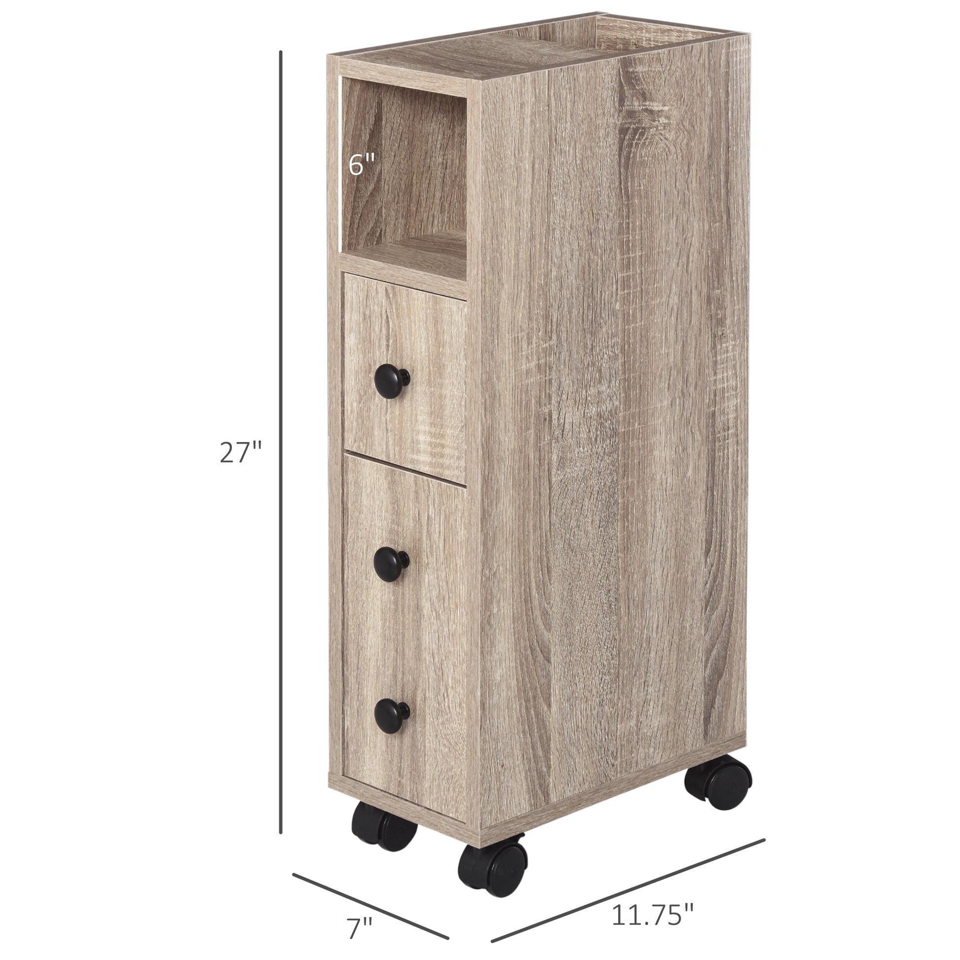 Kleankin Freestanding Compact Design Bathroom Cabinet With 2 Open Cabinets, 1 Door Cabinet, 1 Drawer And 4 Rolling Wheels, Oak Grain Color Oak Particle Board