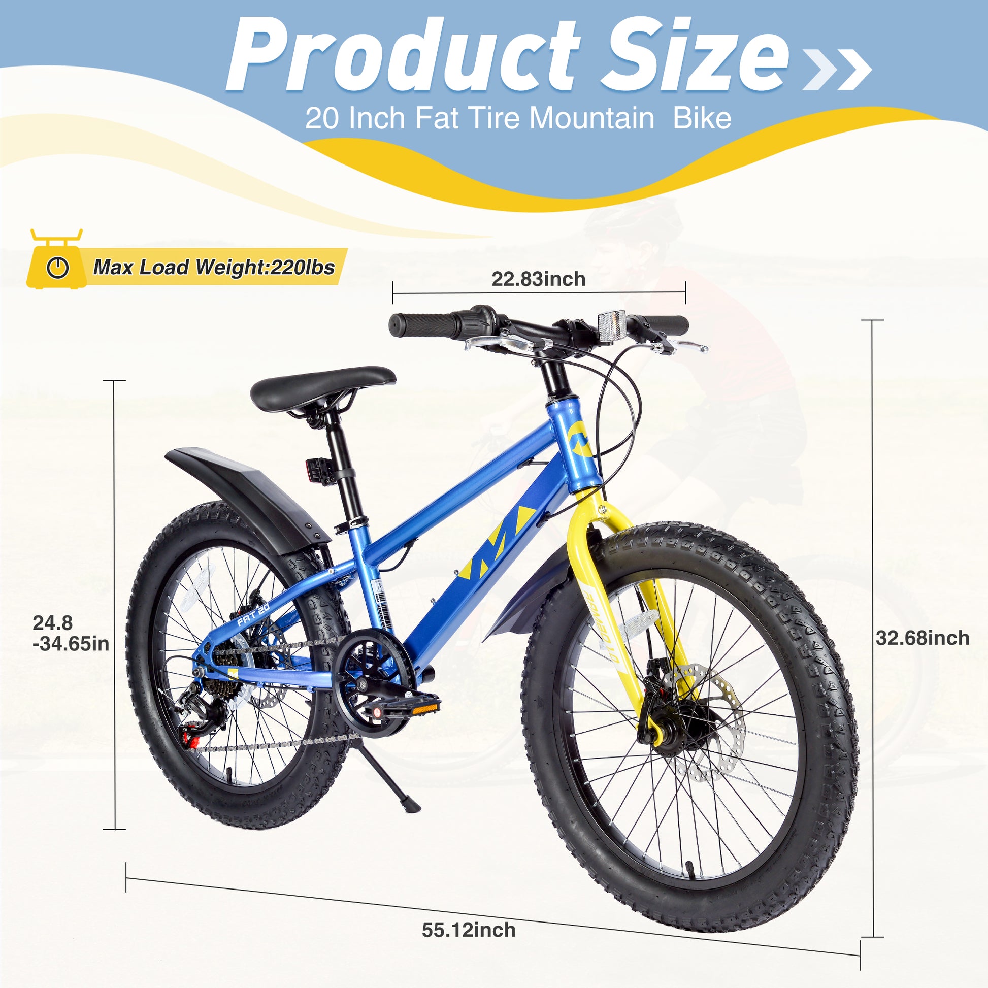 20 Inch Kids Bicyclesfat Tire Mountain Bike For Boys And Girls Age 5 Years ,Dual Disc Brake,Shimano 7 Speed ,Kids Beach And Snow Bicycle Blue Steel