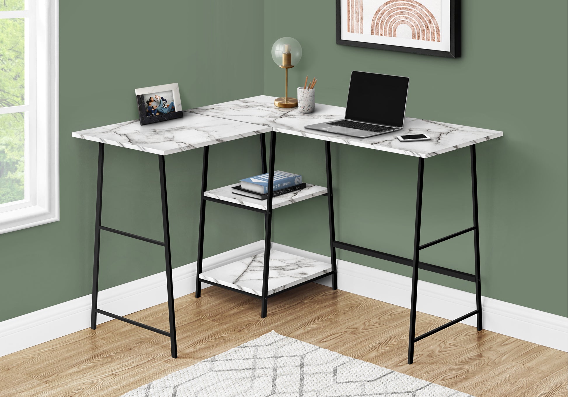 Computer Desk, Home Office, Corner, Storage Shelves, 48"L, L Shape, Work, Laptop, White Marble Look Laminate, Black Metal, Contemporary, Modern White Metal