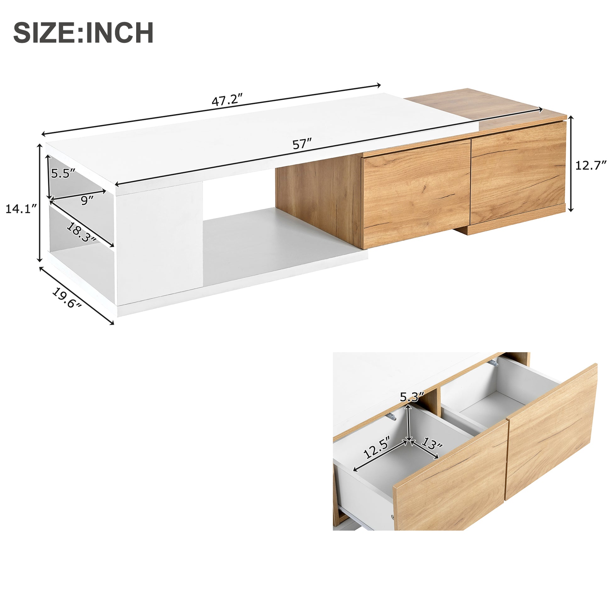 47.2'' 57''W Extendable Coffee Table With 2 Storage Drawers, Dual Tone Wood Center Table With Extendable Sliding Tabletop, Multi Functional Hidden Storage Sofa Table For Living Room, White White Primary Living Space Drawers Rectangular Particle Board Mdf