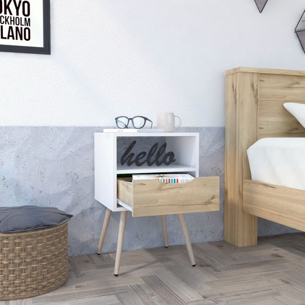 Allie Nightstand, Superior Top, Open Shelf, One Drawer Multicolor Bedroom Contemporary Pine Melamine Engineered Wood