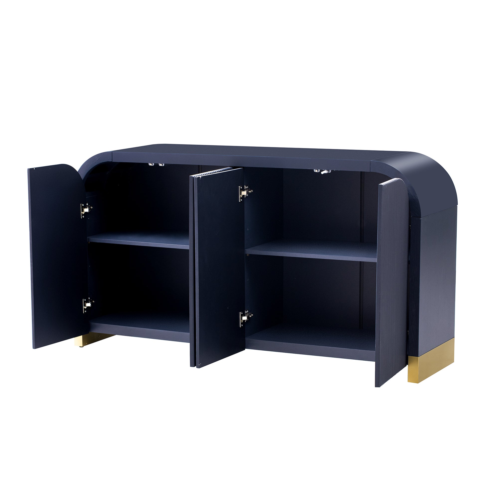 4 Door Curved Corner Design Wavy Door Panel Cabinet With Adjustable Shelves, Suitable For Study, Living Room And Entrance Navy Blue Mdf