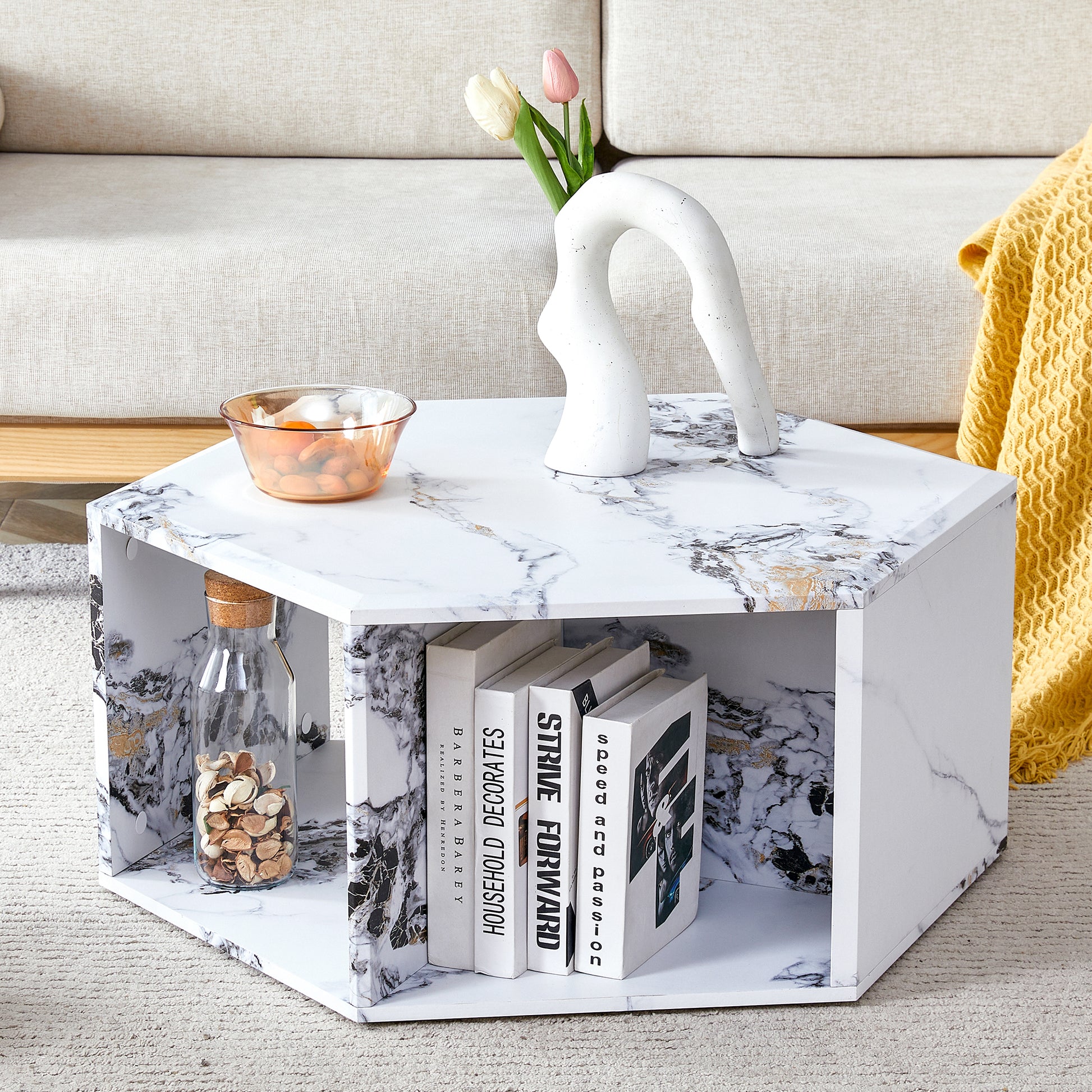 Hexagonal Mdf Coffee Table, Characteristic Pattern Stickers, Multi Hole Design To Give More Storage Space, Simple And Convenient Design Makes It Suitable For All Kinds Of Style Scenes. White Mdf