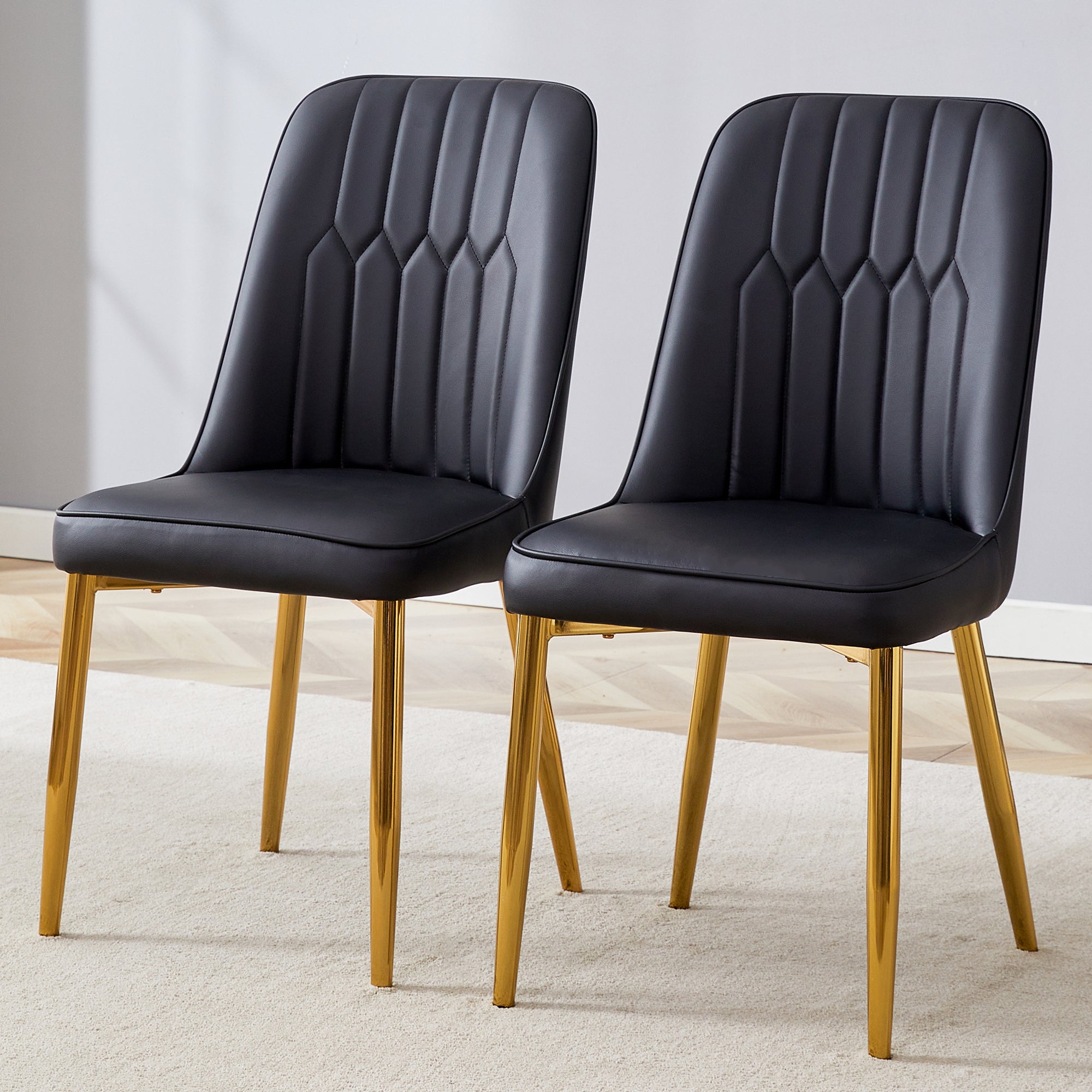 2 Modern Dining Chairs, Sleek Pu Leather Backrest, And Gold Metal Legs Bring A Comfortable Home Experience To The Kitchen, Bedroom, And Office. Black Pu