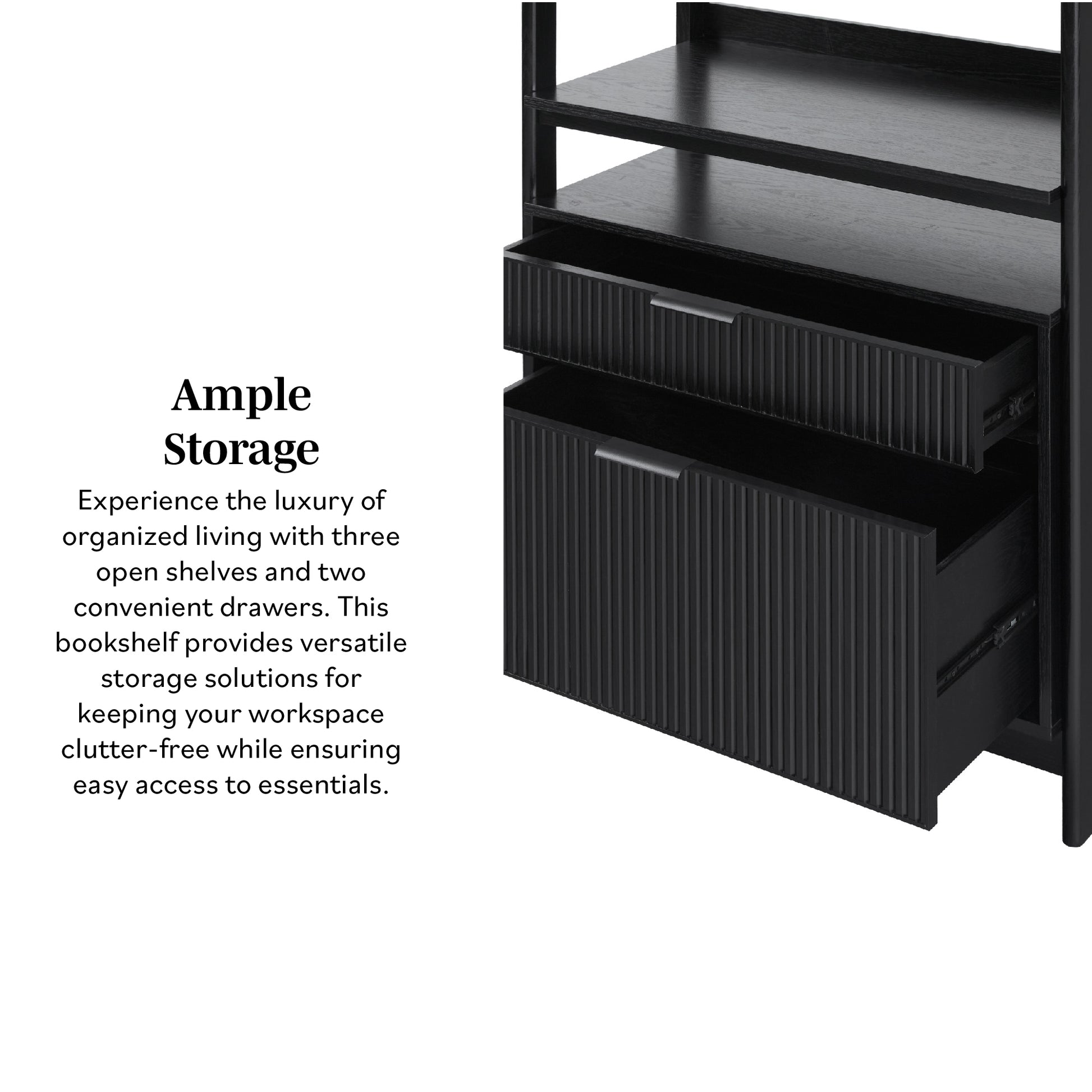 Transitional Wide Reeded Bookshelf With Drawers On Bottom Black Black Mdf Mdf