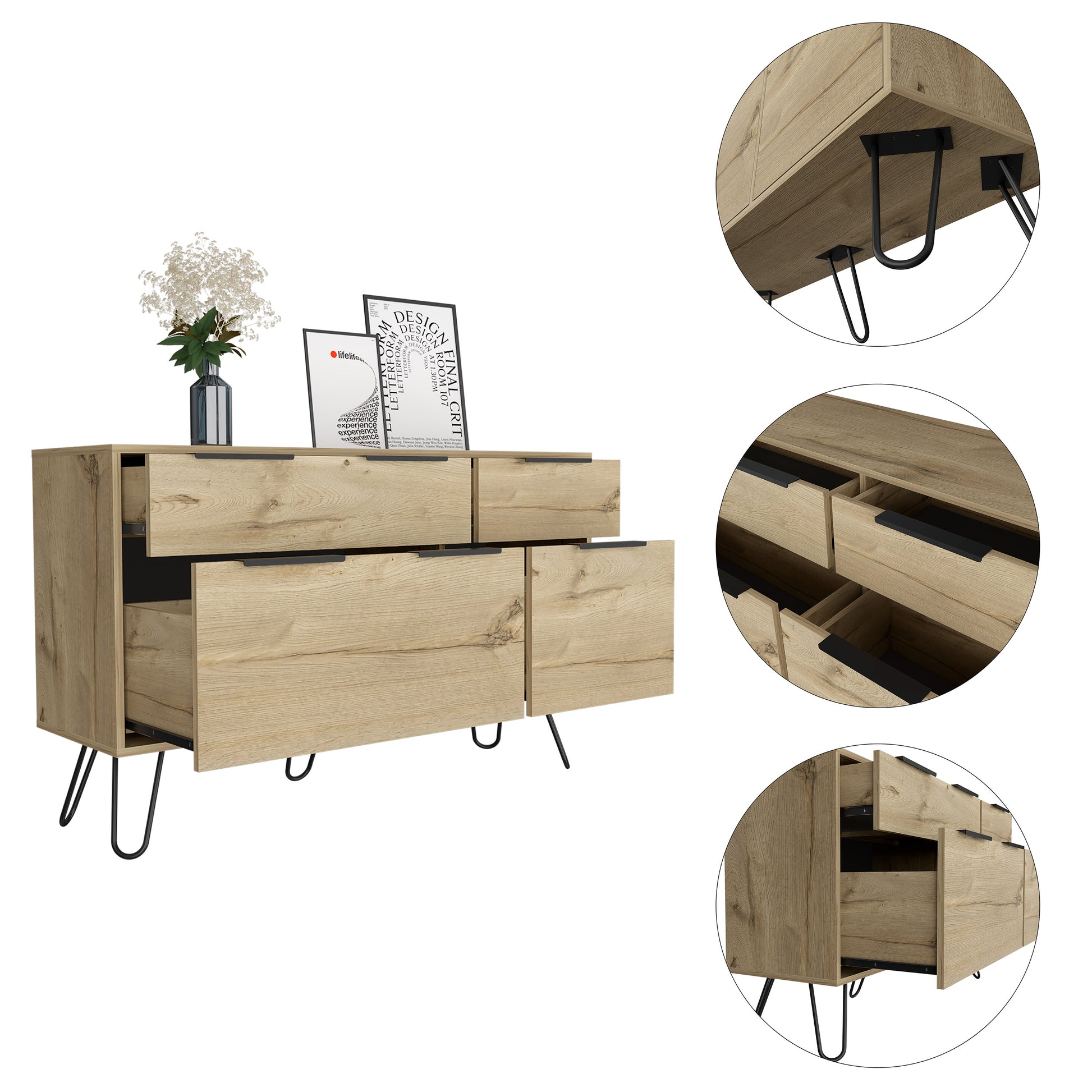 Augusta Double Dresser, Superior Top, Hairpin Legs, Four Drawers Light Oak Light Oak Bedroom Modern Particle Board