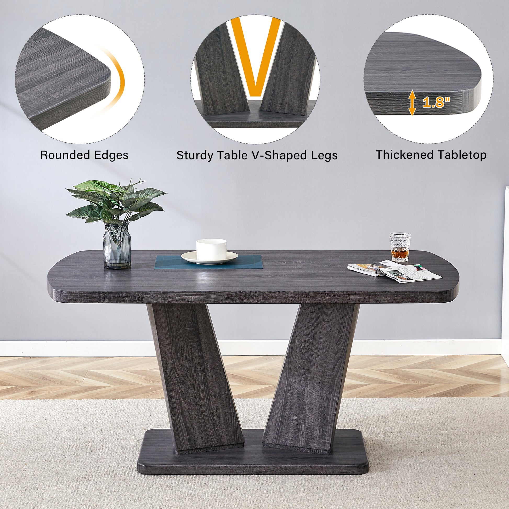 Dining Table Set For 6, 7 Piece Kitchen Table Chairs Set, 1.8" Thickness Tabletop And V Shaped Table Legs, Modern Dining Room Set With 63 Inch Dinner Table And 6 Upholstered Chairs For Dining Room Wood Gray Dining Room Classic,Mid Century Modern,Modern